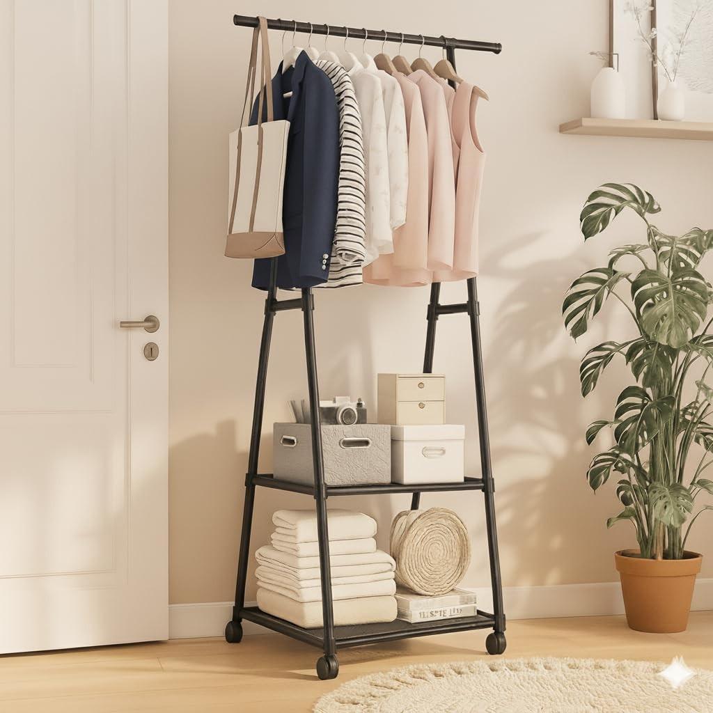Arara Organizadora com Rodas – Cabideiro Multiuso com Prateleiras e Sapateira, Estrutura Metálica para Quarto e Closet