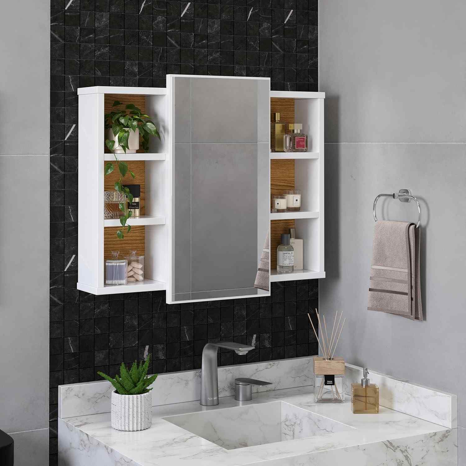 Espelheira para Banheiro com Nichos e Armário Aéreo com Espelho – Organize seu Espaço com Estilo (Branco/Nature)