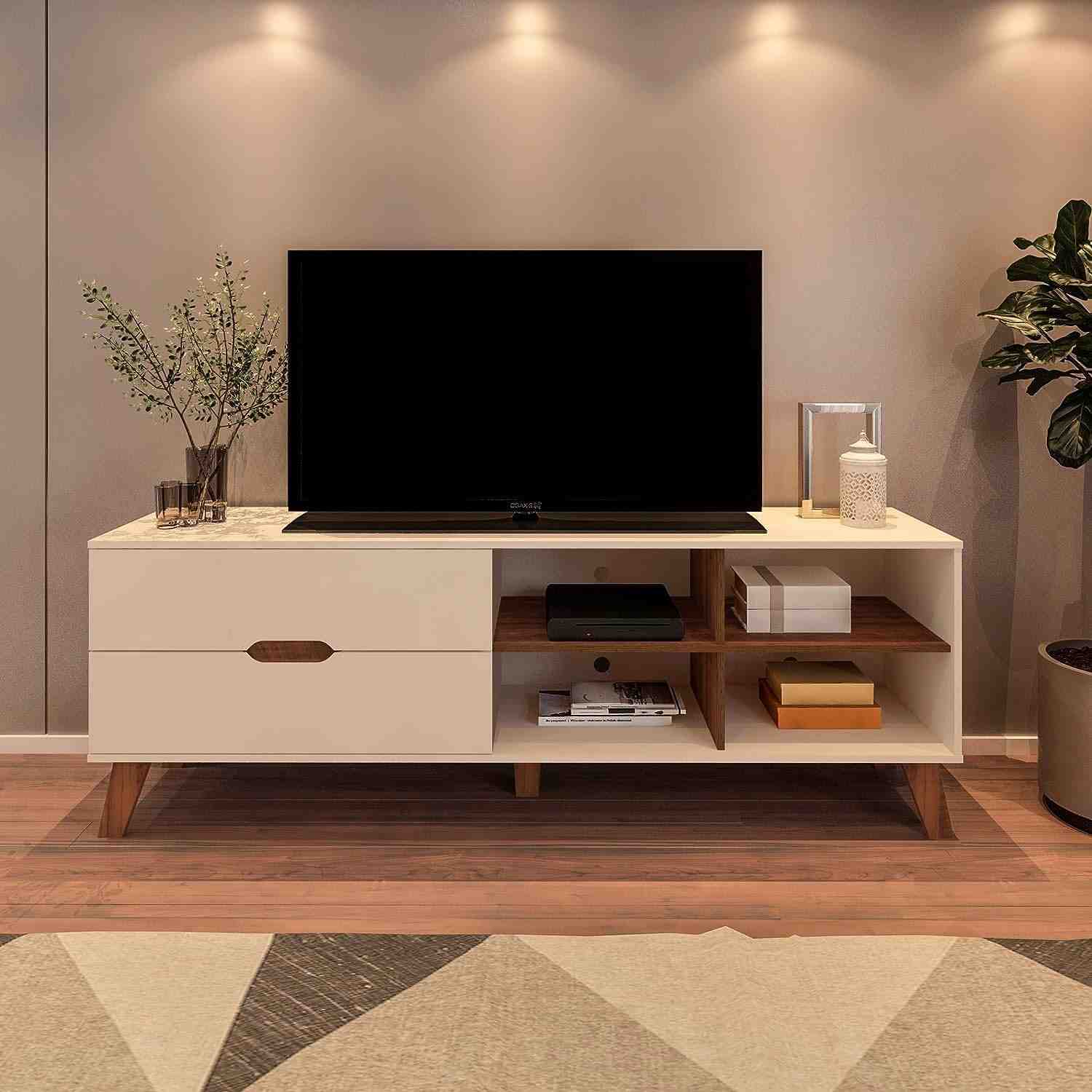 Rack para TV até 75" com 2 Gavetas VERONA - Design Moderno Off White/Pinho