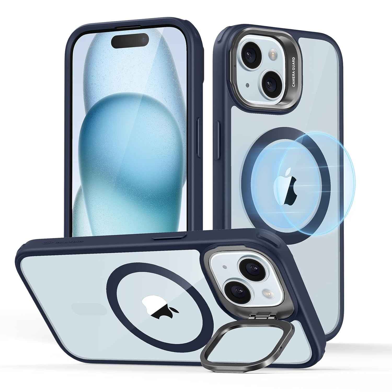 ESR Capa iPhone 15 MagSafe: Proteção Militar, Suporte Ajustável e Design Azul Escuro Clássico