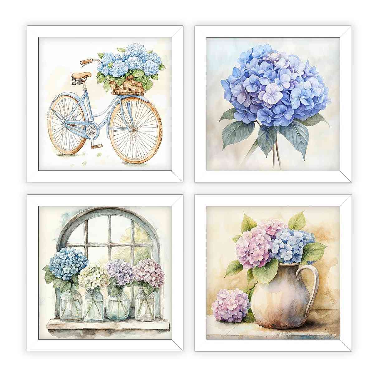 Kit 4 Quadros 18x18 cm com Flores Hortênsias | Decoração Vintage para Banheiro e Varanda