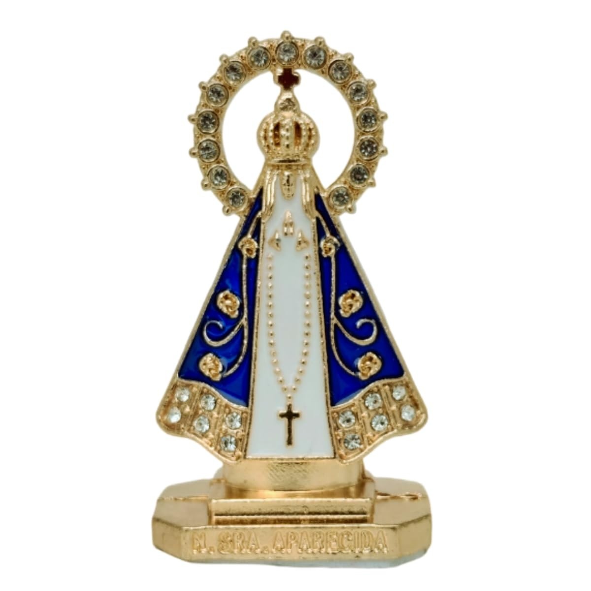 Miniatura Nossa Senhora Aparecida Painel Carro Dourado Branco com Strass Autocolante