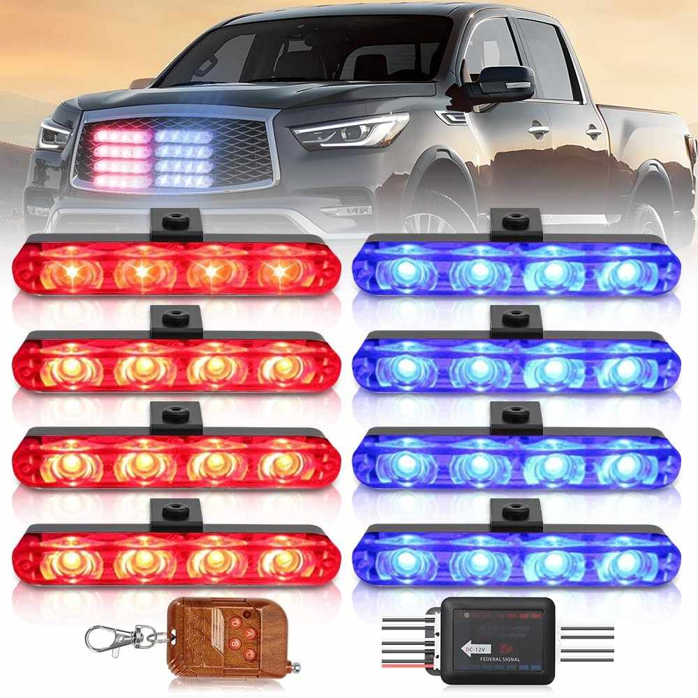 Kit Strobo LED Carro 8 Leds Vermelho Azul - Luz Estroboscópica Emergência 12V