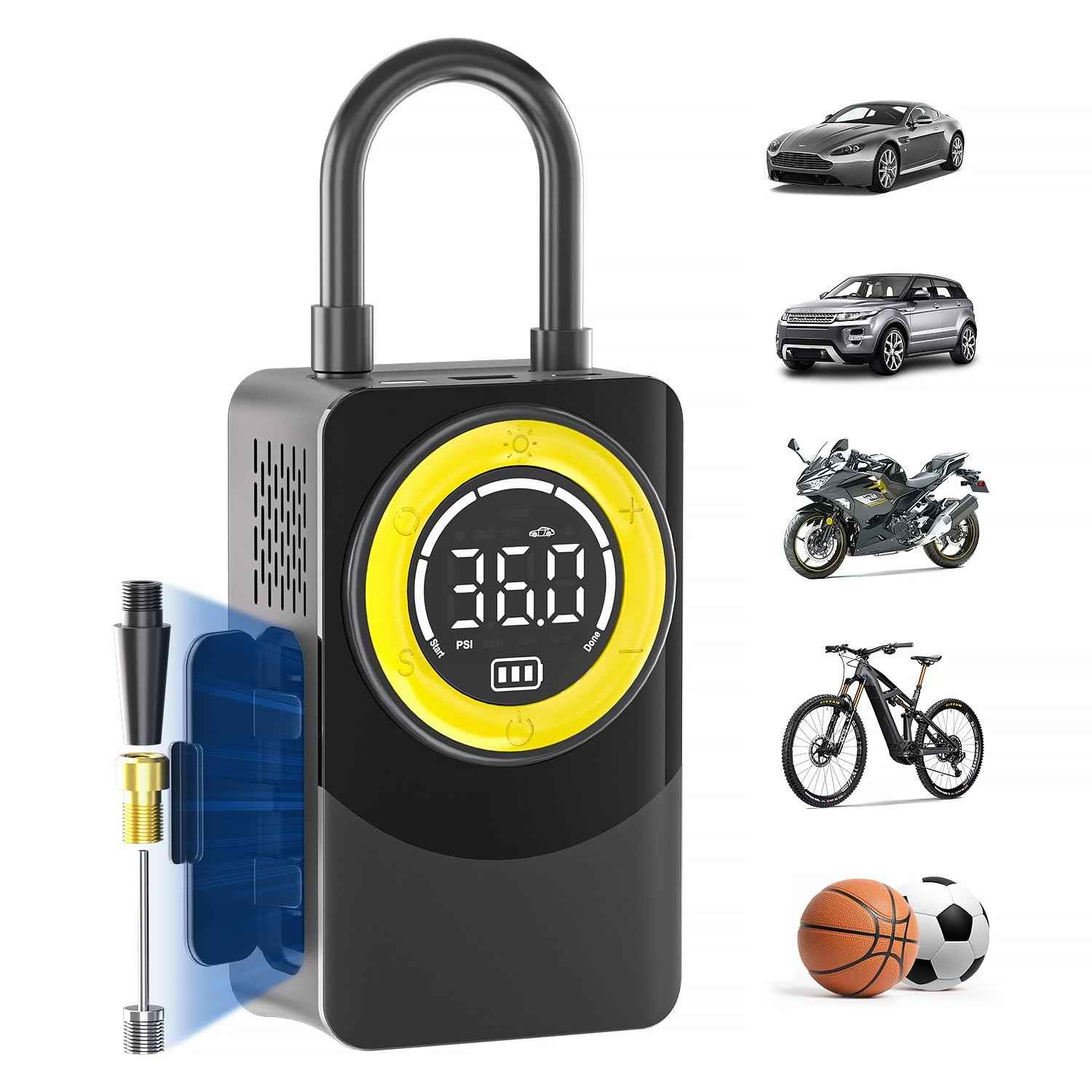 Compressor de Ar Portátil CARSUN: Inflador de Pneu 150PSI com Medidor Digital, LED e Desligamento Automático