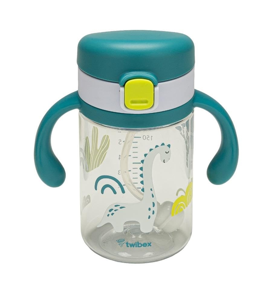 Copo de Treinamento com Canudo e Alça Dino Azul 240ml Twibex - Ideal para Bebês a Partir de 6 Meses