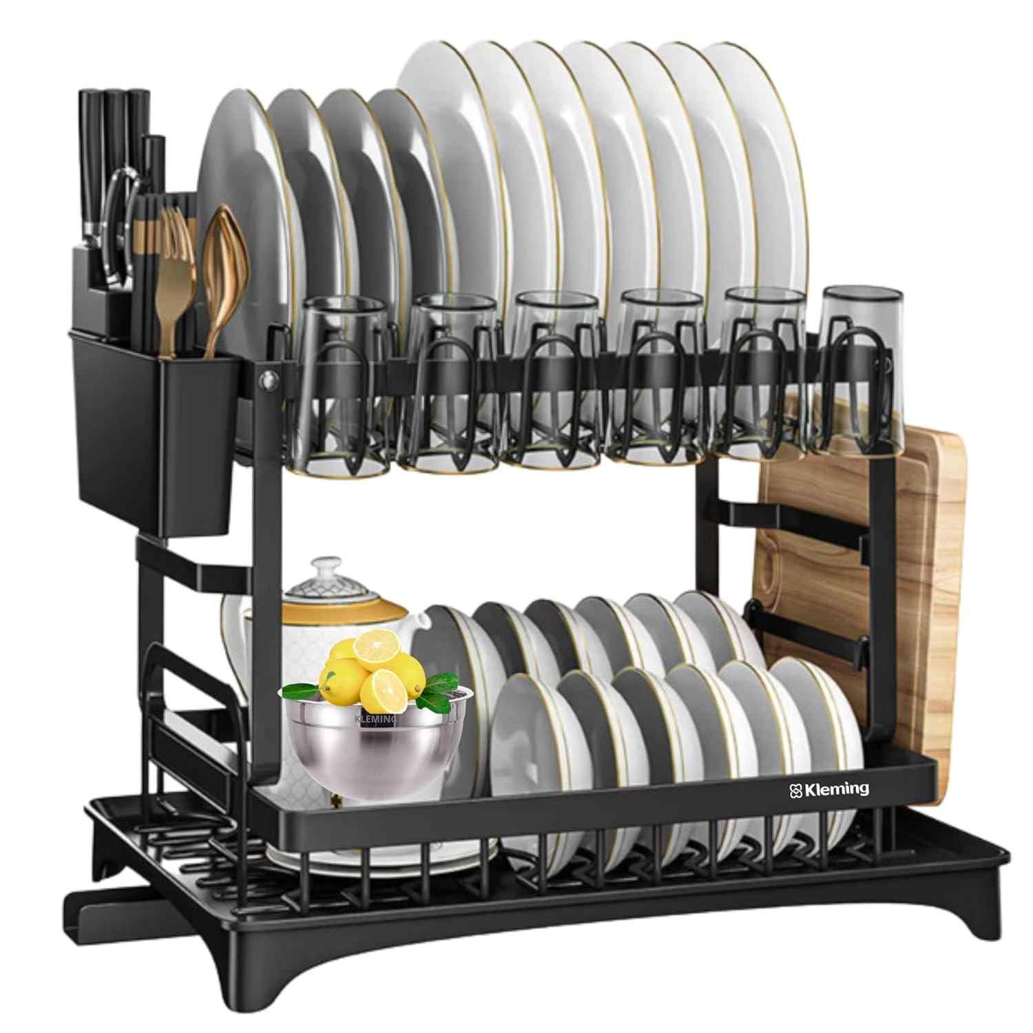 Escorredor de Louça 2 Níveis com Bandeja de Drenagem Automática - Design Moderno em Aço Inoxidável Preto