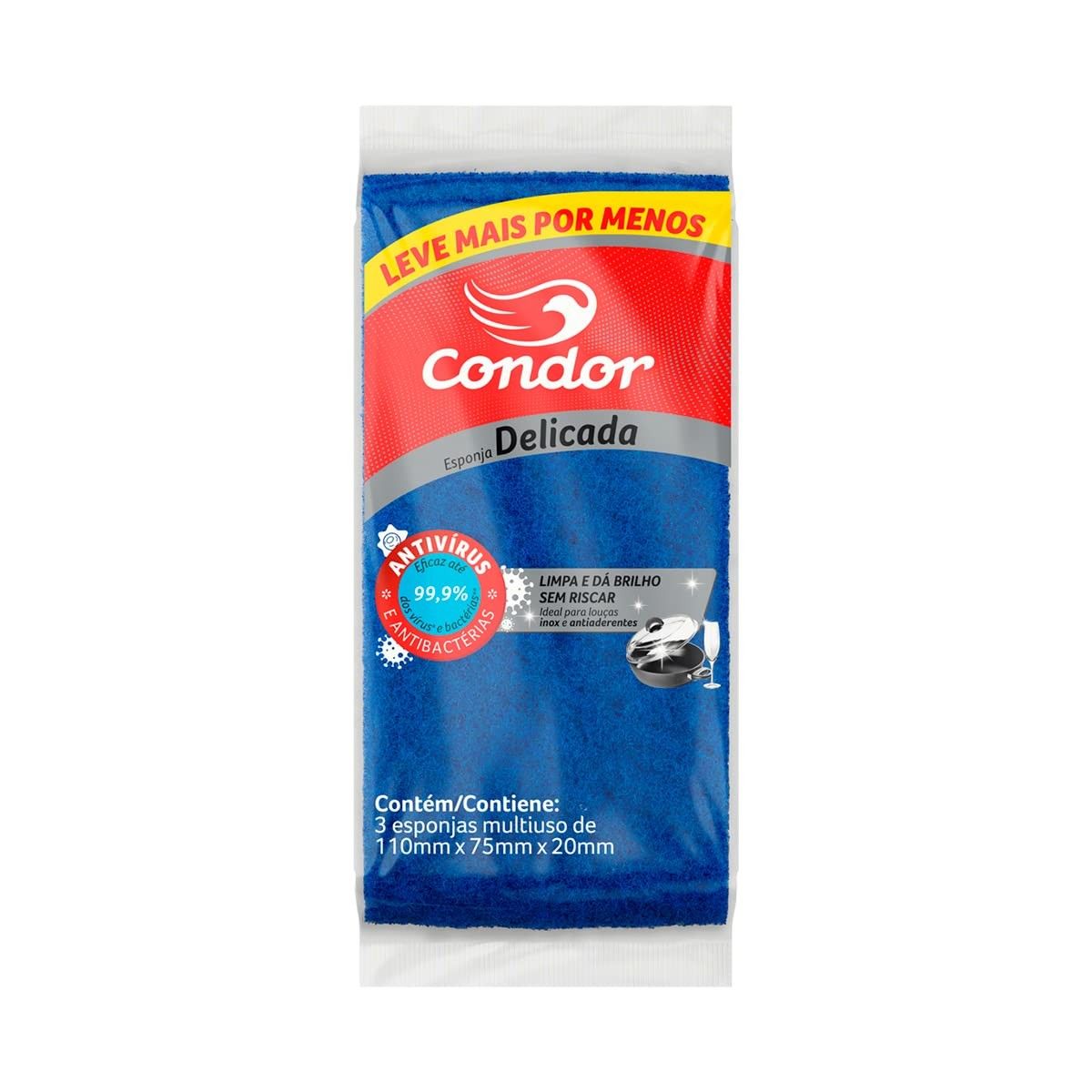 Condor Esponja de Limpeza Delicada com Alta Durabilidade - 3 Unidades Eficazes Contra Vírus e Bactérias
