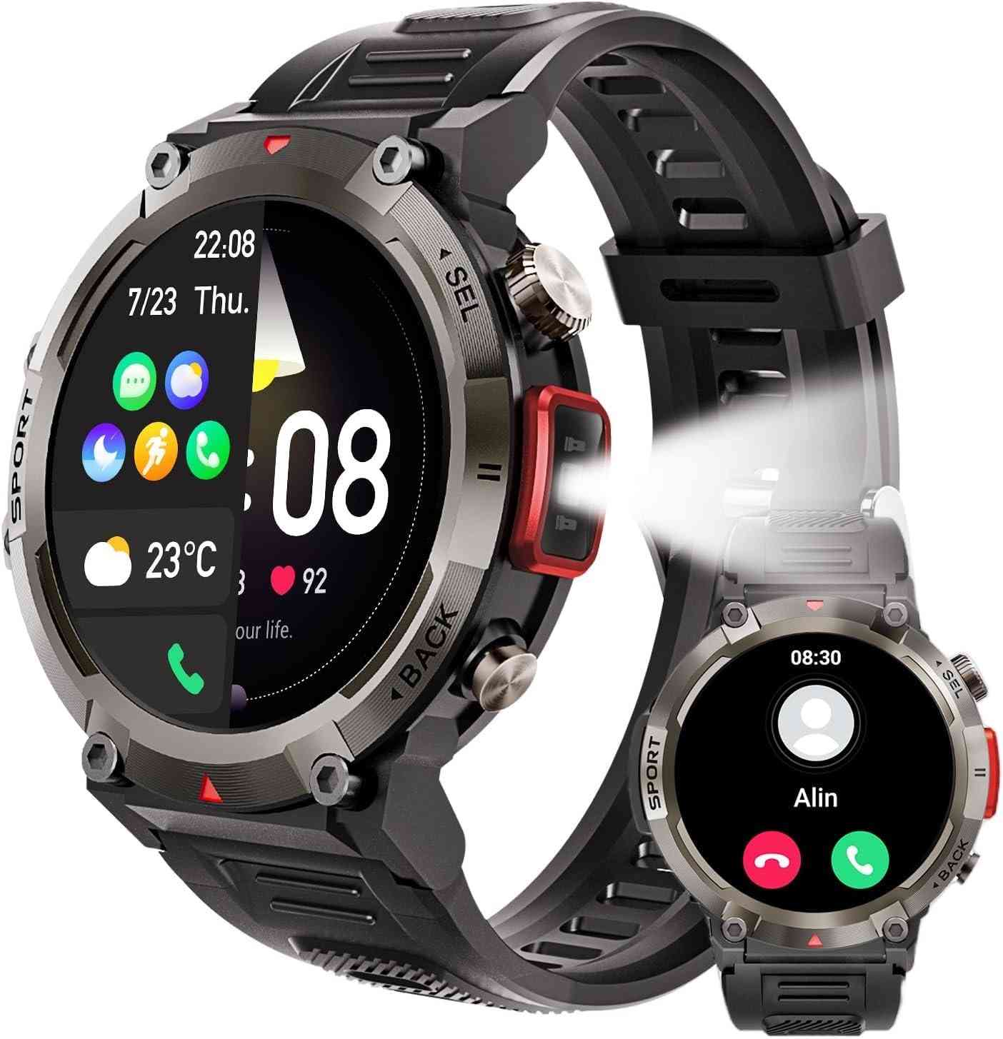 Smartwatch Militar Masculino com Lanterna LED: Chamadas, Ligações e Resistência 3ATM