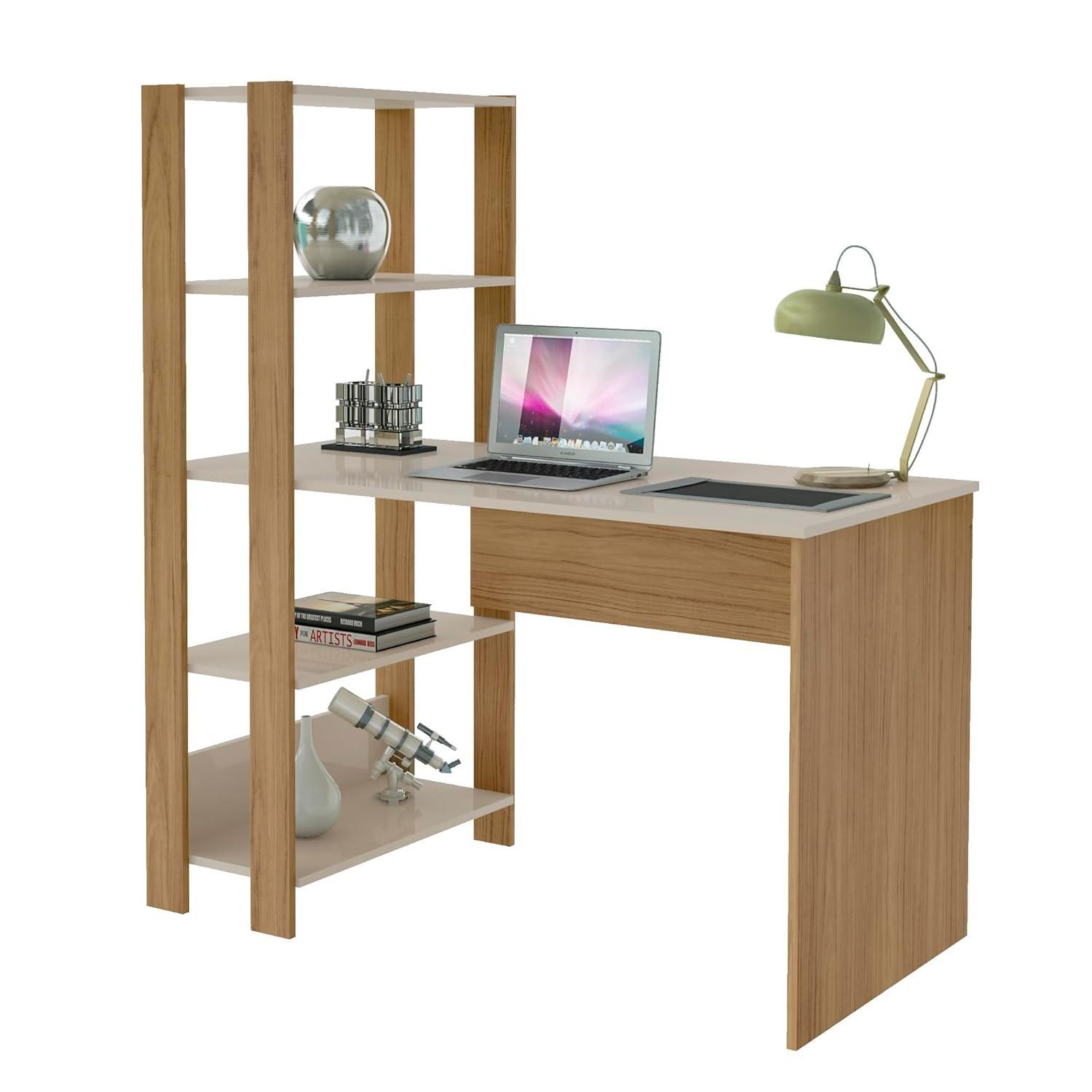 Escrivaninha com Estante Lateral MATCH Off White/Carvalho - Design Moderno e Funcional
