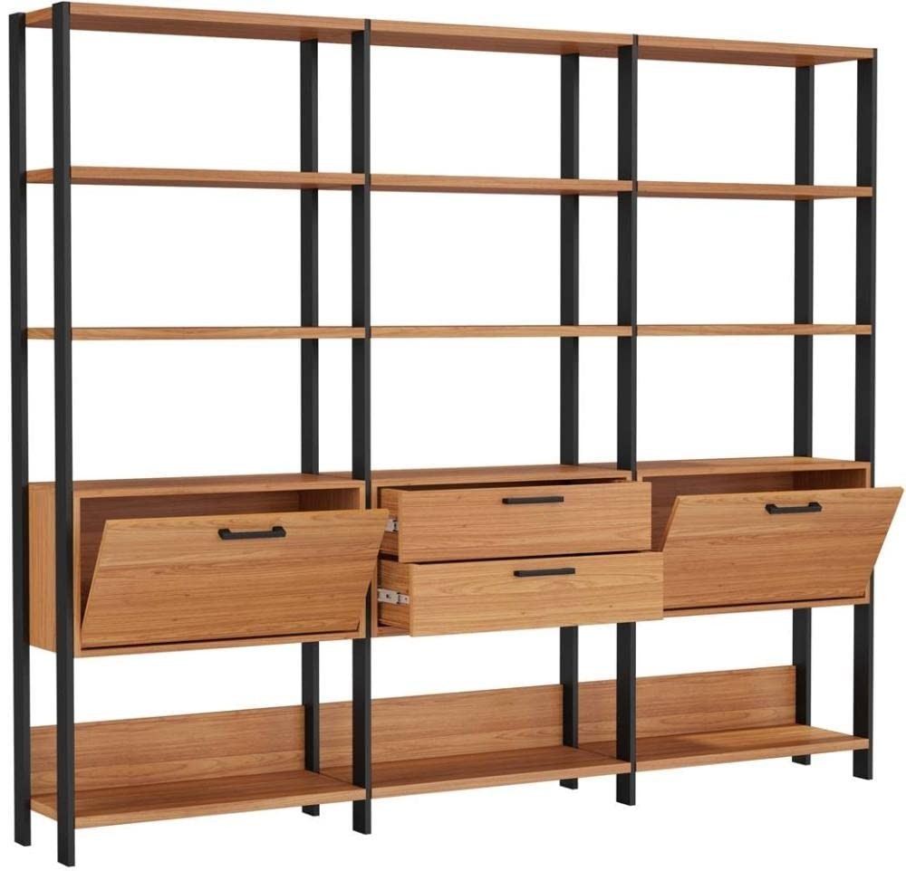Estante Elegante 3 Torres com Gaveteiro e 2 Portas - Design Moderno em Freijo e Preto Fosco