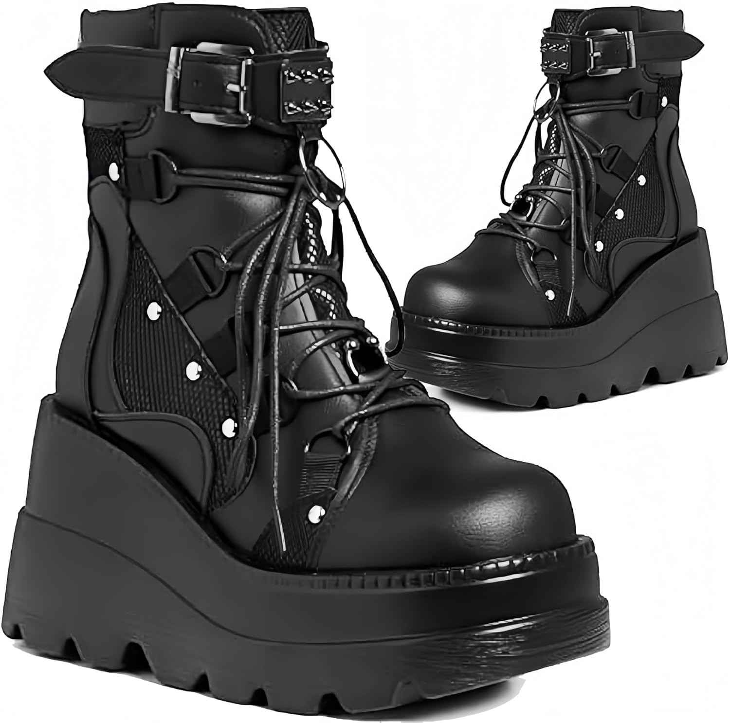 MACVISE Botas Femininas Góticas Plataforma, Salto Alto Grosso, Bico Redondo, Combate, Tornozelo, Cadarço, Calçado De Motocicleta, 01, Preto, 40