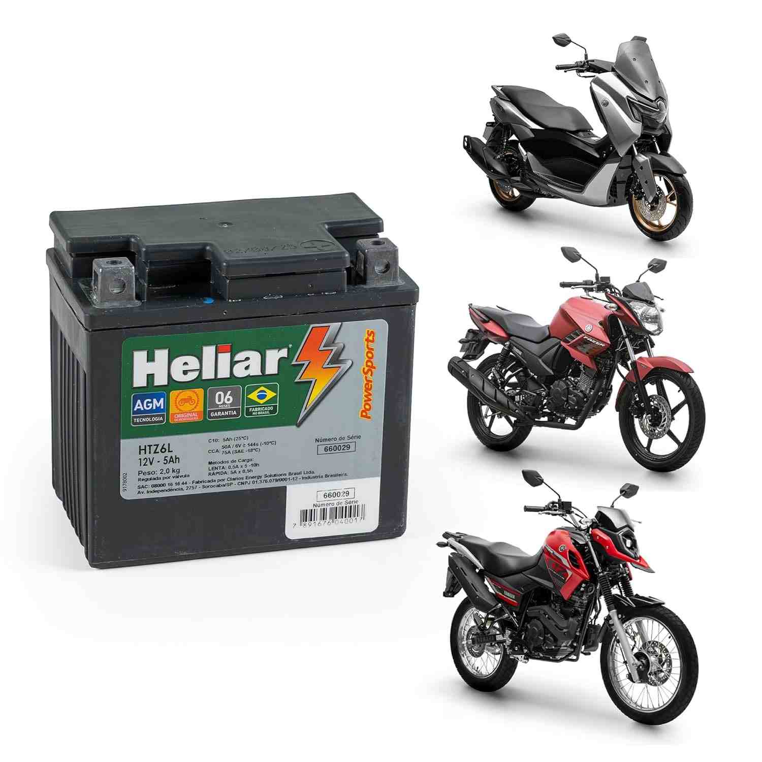 Bateria Heliar 12V 5Ah para Motos Honda e Yamaha: Pop, CG, Bros, Titan, Biz, XRE, Fazer, Factor, YBR, XTZ, Crosser, FZ15