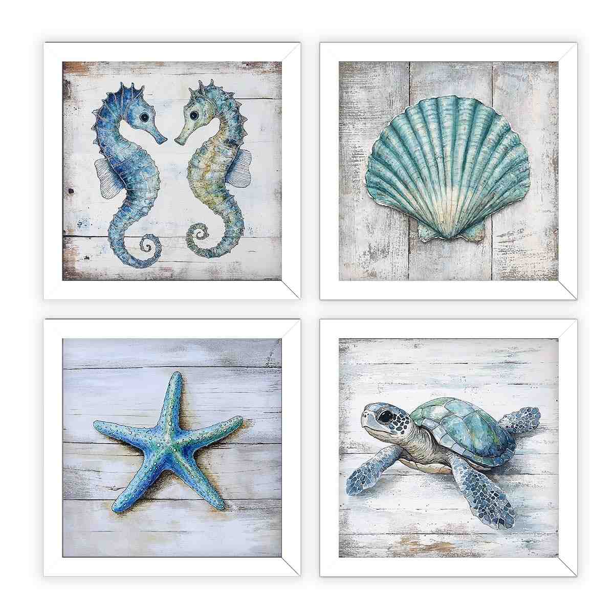 Kit 4 Quadros 18x18 cm Mar e Praia - Tartaruga, Concha, Estrela-do-Mar e Cavalos-Marinhos em Tons Turquesa