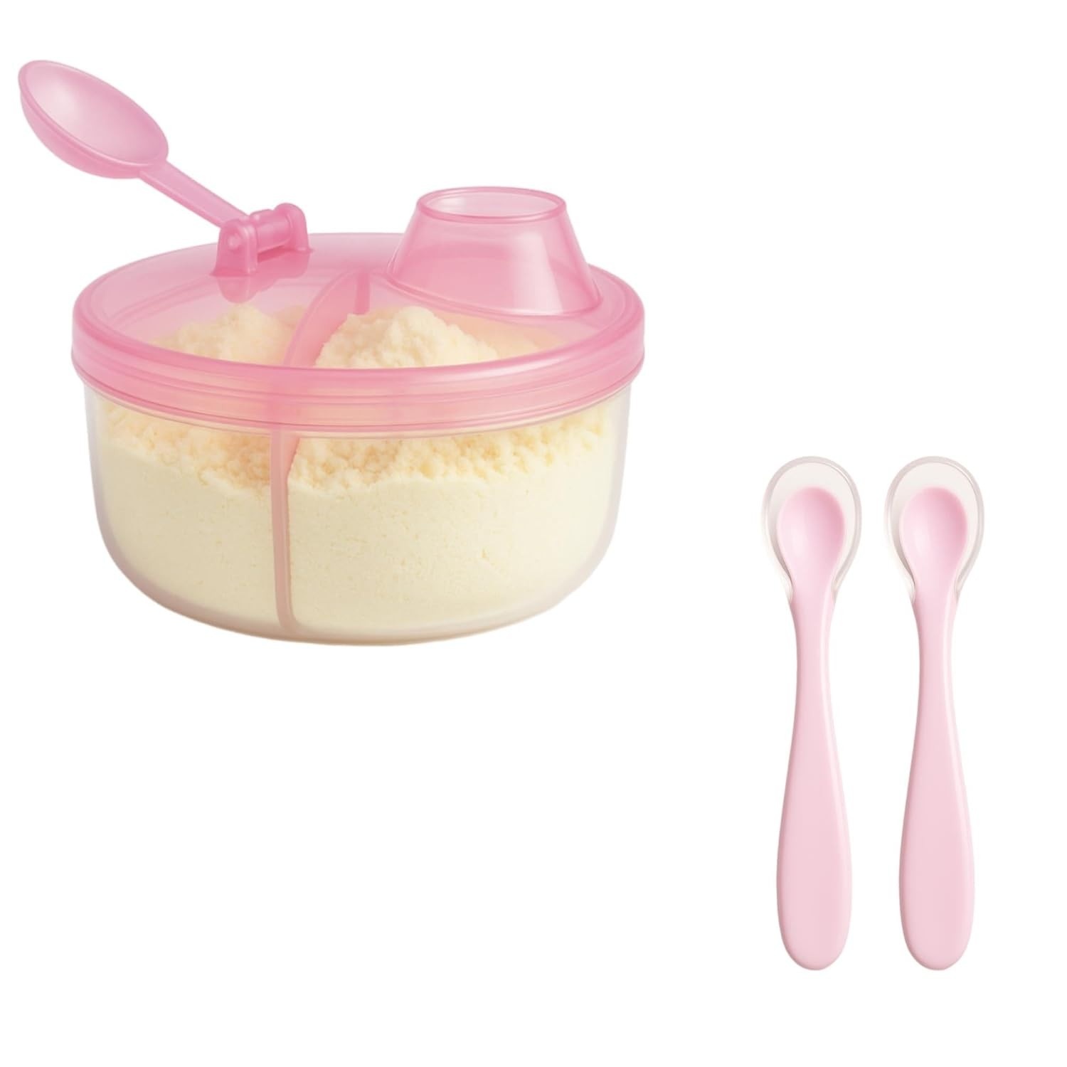Dosador de Leite em Pó Rosa com Divisórias e Colher de Silicone - Prático para Bebês e Viagens