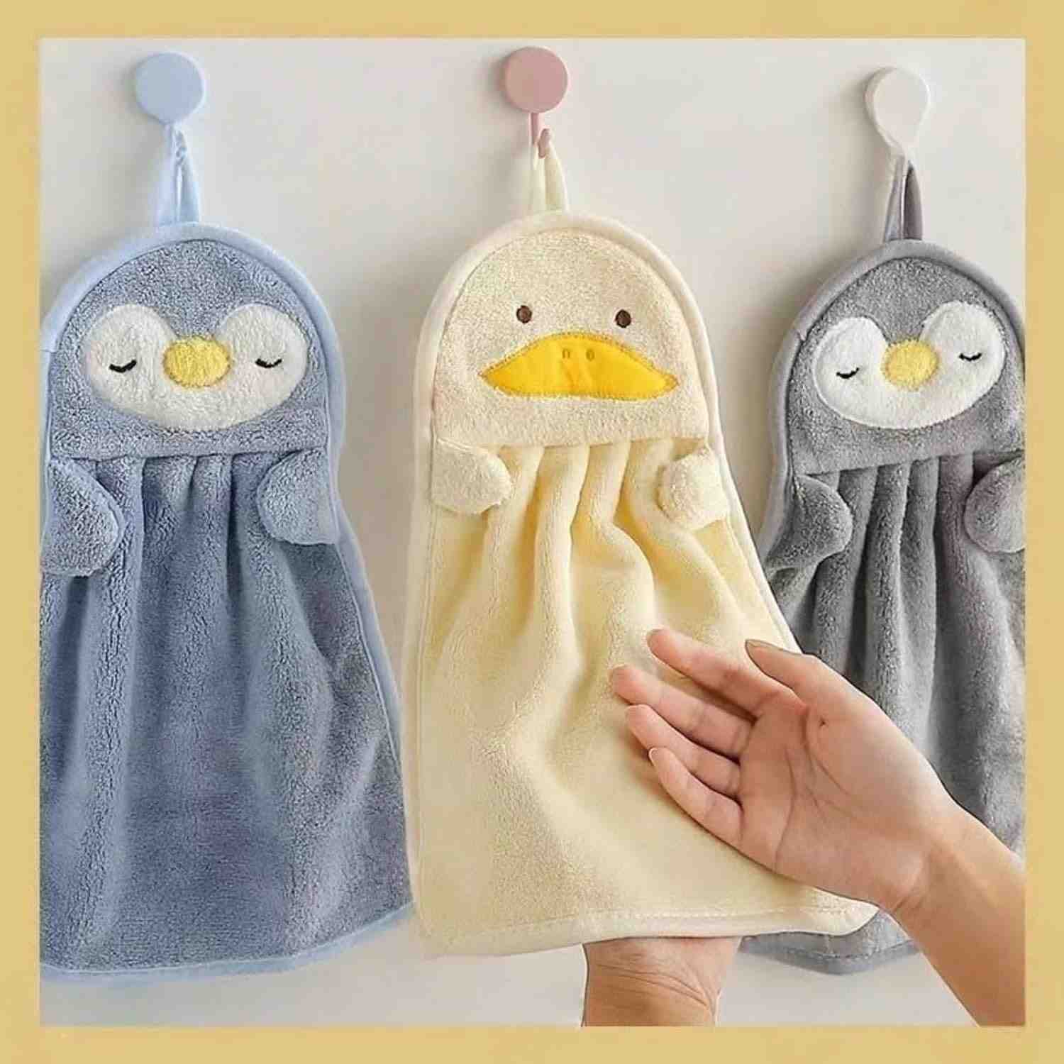 Toalhas de Mão Animadas com Design de Pinguim e Pato - 3 Peças Macias 37x25cm