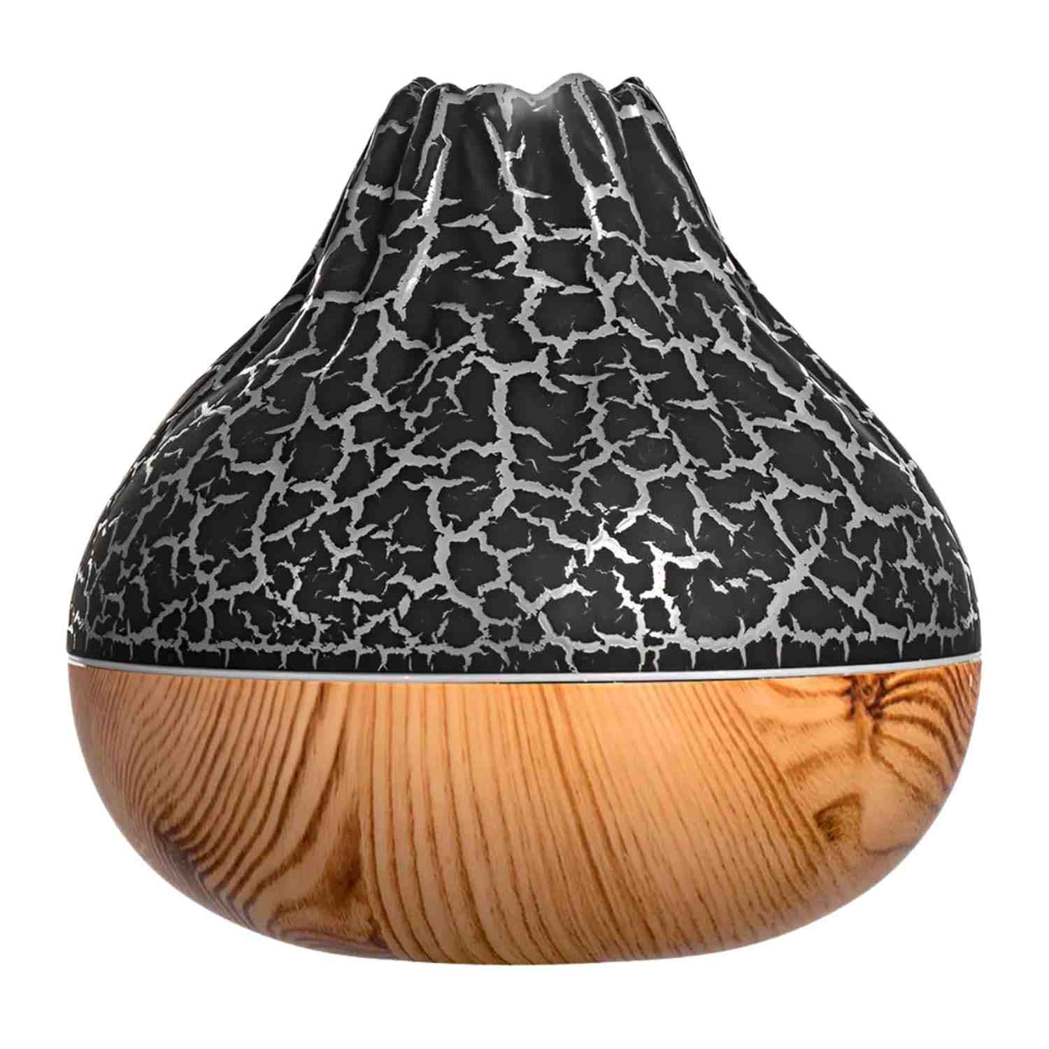 Difusor de Aromas Ultrassônico 300ml com Design Vulcânico e LED Multicolorido - Base em Madeira
