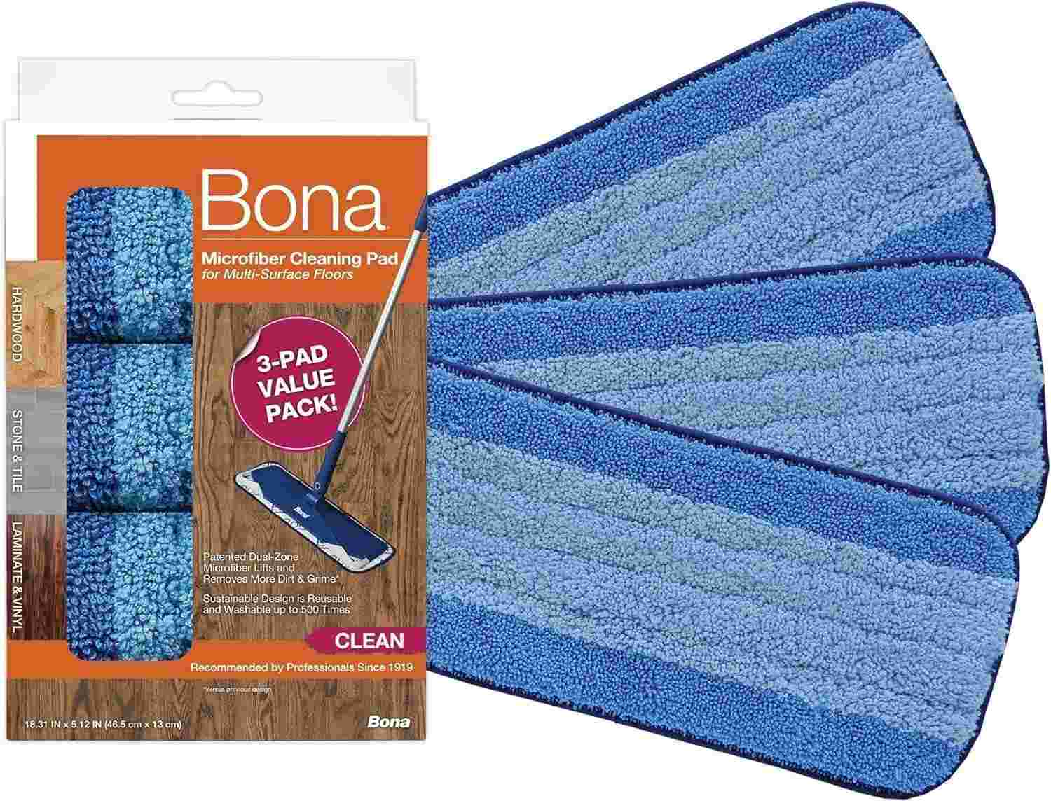 Bona Almofada de Microfibra para Pisos de Madeira - 3 Unidades com Design de Limpeza Dupla
