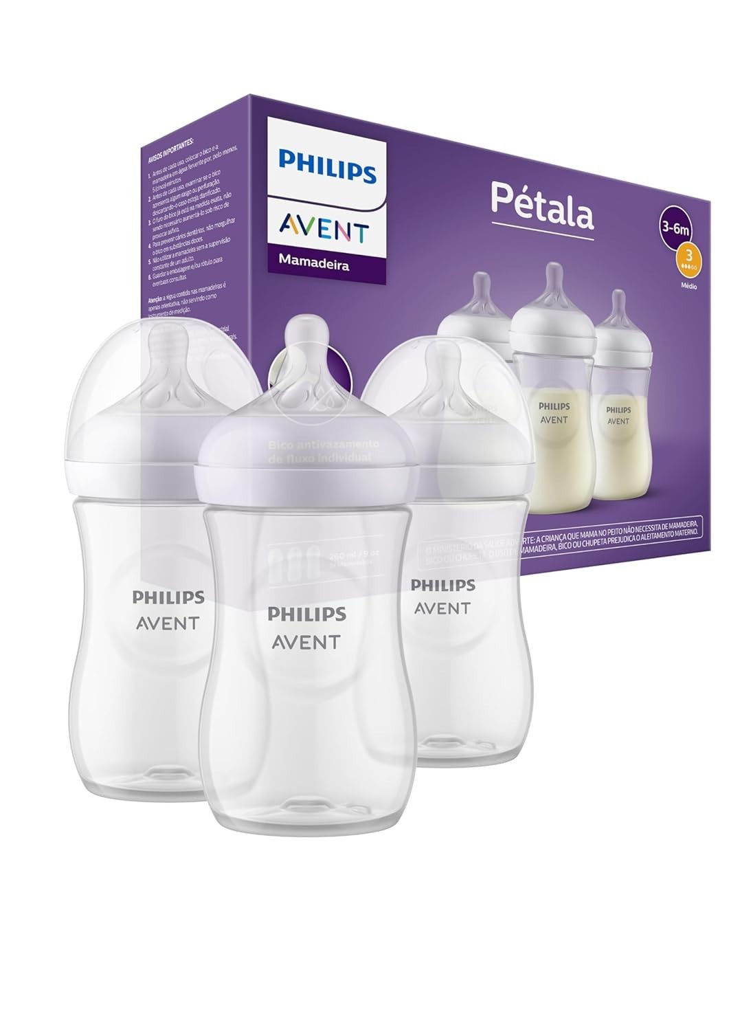 Conjunto de Mamadeiras Philips Avent Pétala 3.0 260ml com Bico Médio - 3 Unidades