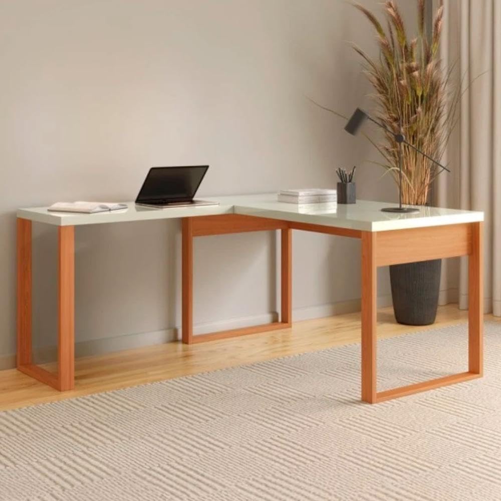 Mesa de Escritório de Canto 135x158cm em MDF Off White com Freijó - Design Moderno e Funcional