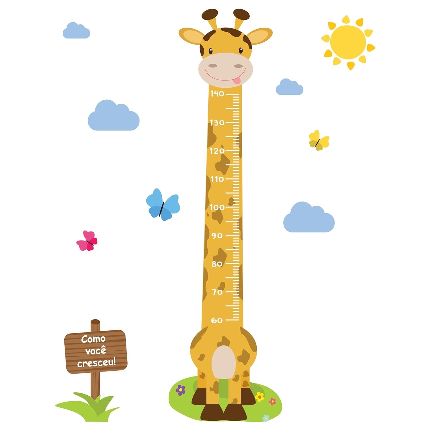 Adesivo de Parede Girafa Régua de Crescimento Infantil - 146cm Amarelo | Decore e Acompanhe o Crescimento com Estilo