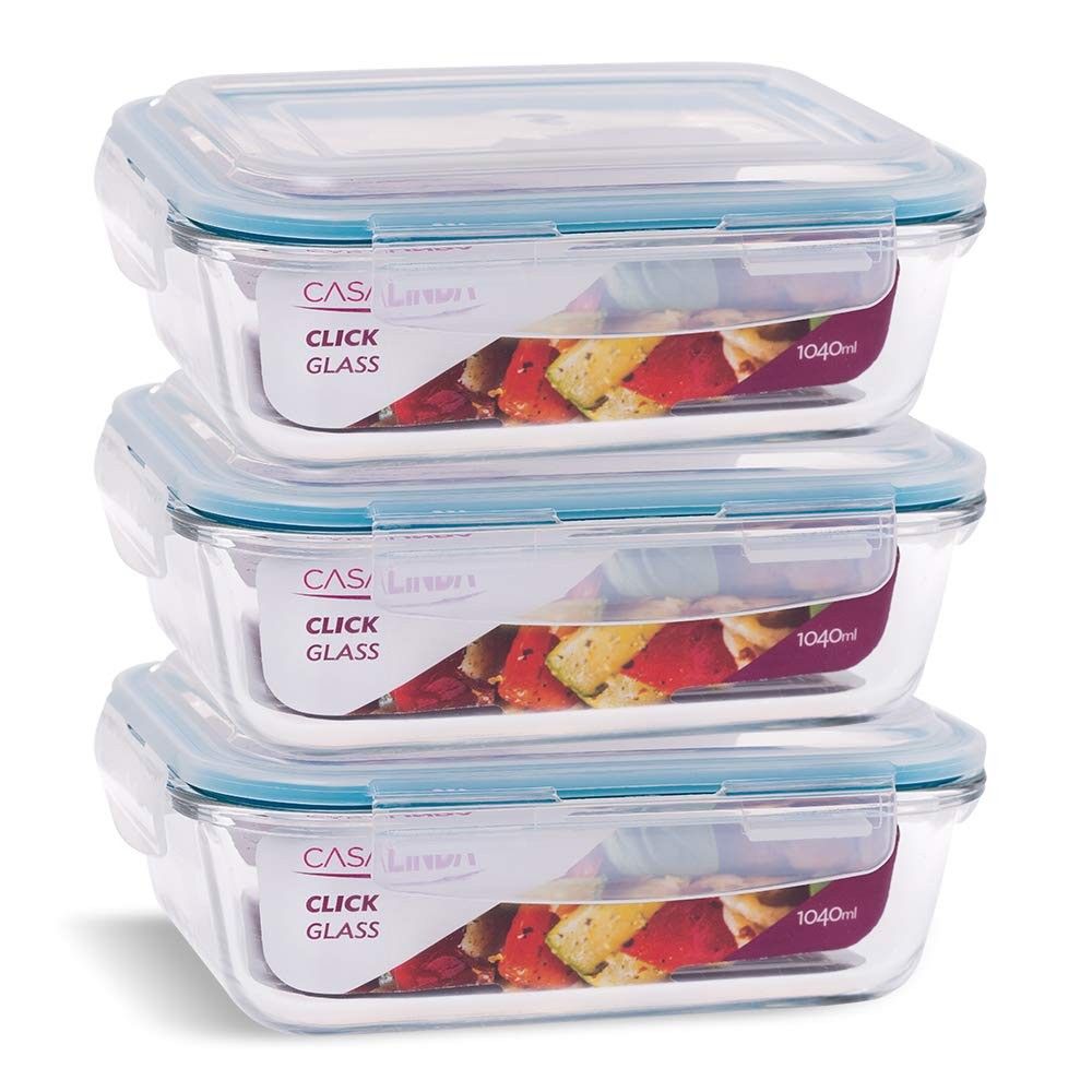 Conjunto de 3 Potes de Vidro Retangulares 1040ml com Tampa Hermeticamente Fechada - Ideal para Armazenamento de Alimentos