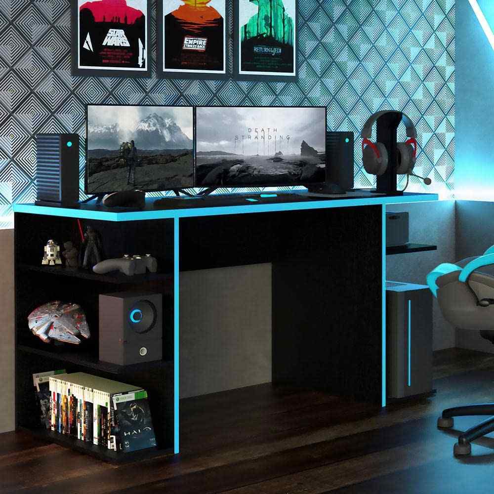 Mesa de Computador Gamer Madesa 9409 - Design Moderno Preto/Azul com 5 Prateleiras
