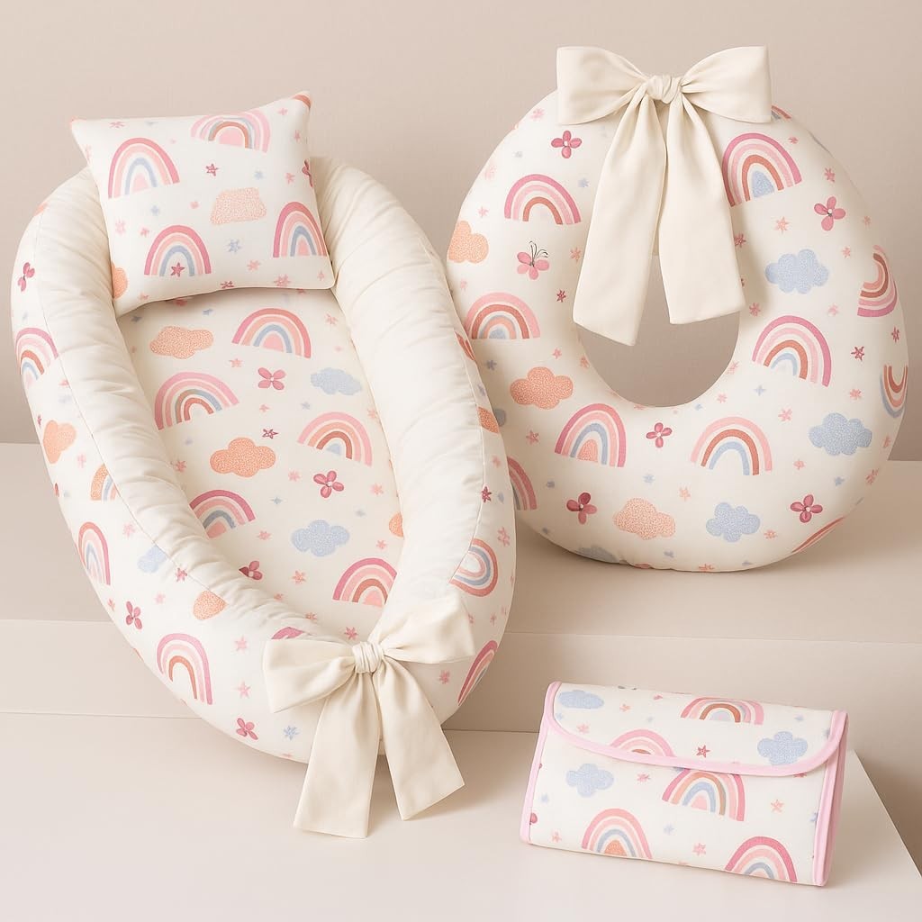 Kit Baby Premium Arco-Íris: Almofada Amamentação + Ninho Redutor + Trocador Portátil