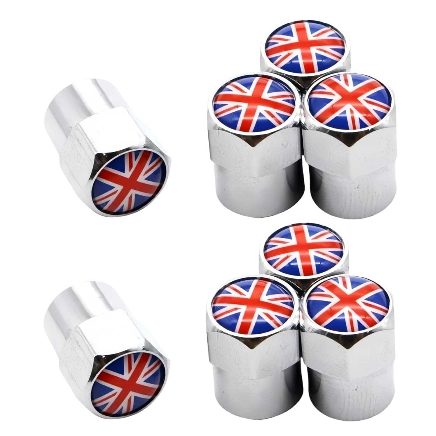 Conjunto 8 Tampas Válvula Pneu Carro Bandeira Britânica Union Jack - Liga Alumínio/Cobre