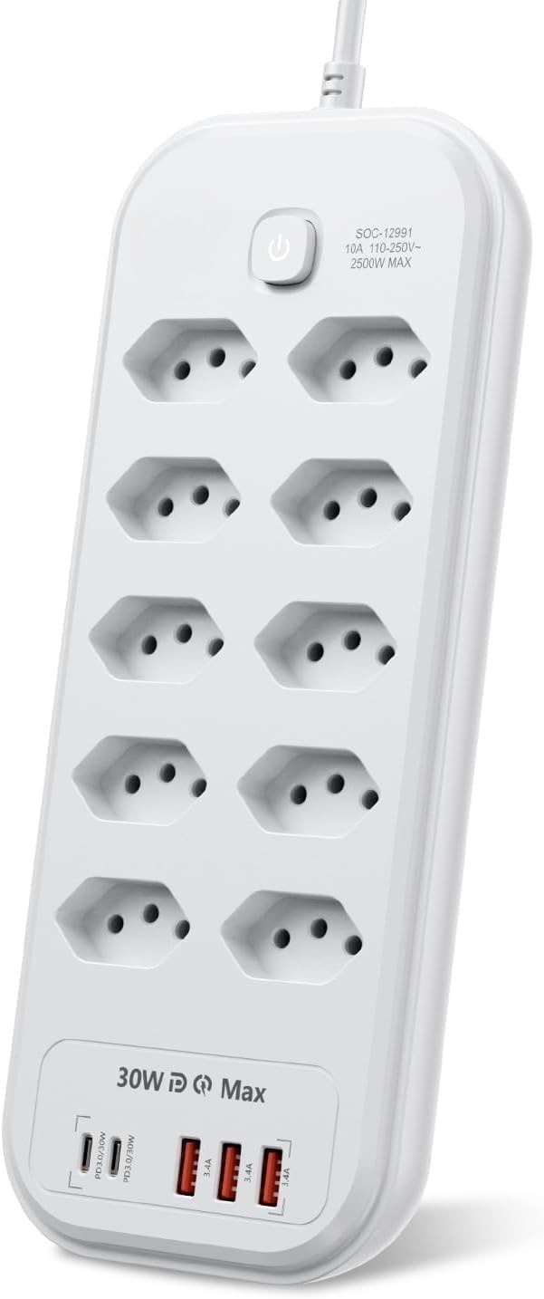 Régua de Energia Inteligente: 10 Tomadas, 5 USB (2 Tipo-C) e Filtro de Linha - Potência 2500W Bivolt