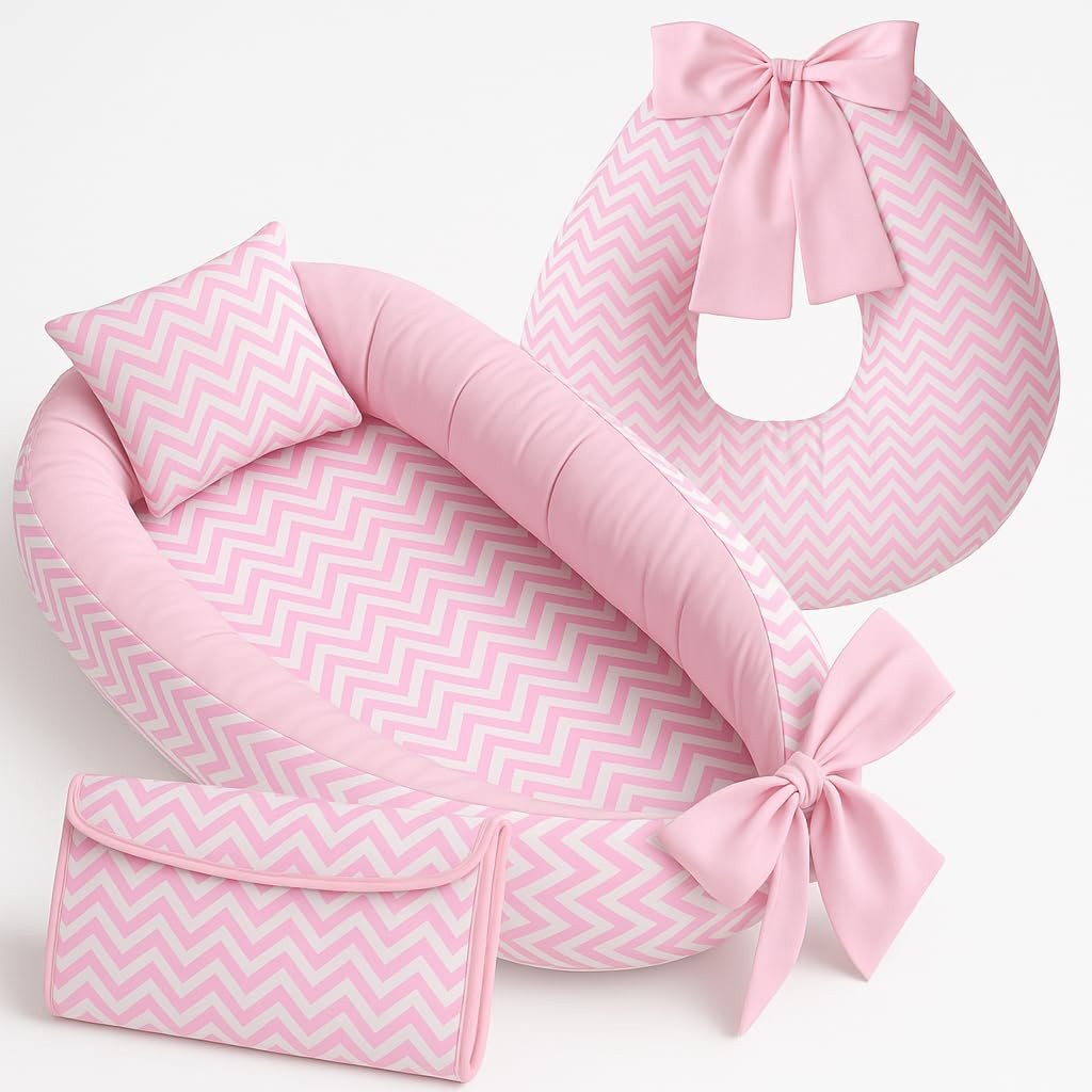 Kit Baby Premium Chevron Rosa - Almofada Amamentação + Ninho Redutor + Trocador Portátil