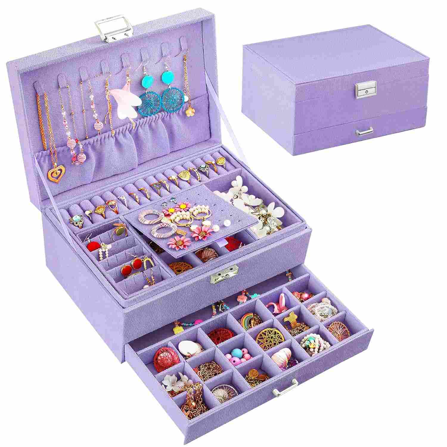 Caixa de Joias de Veludo Violeta com Chave - Organizador Feminino com 8 Ganchos para Colares e 36 Furos para Brincos