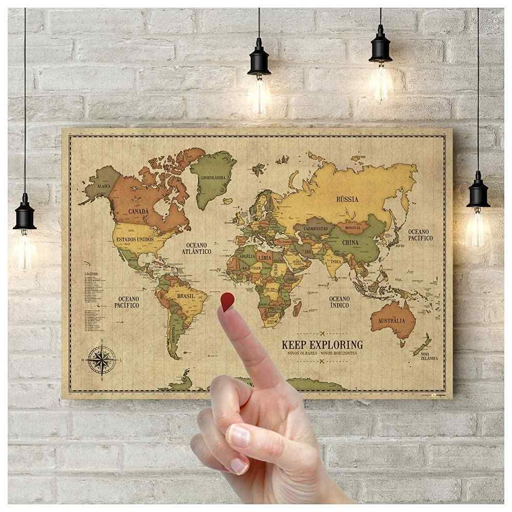 Pôster Mapa-Múndi Vintage A1 (84x59cm) com 220 Pins Adesivos para Marcar Viagens