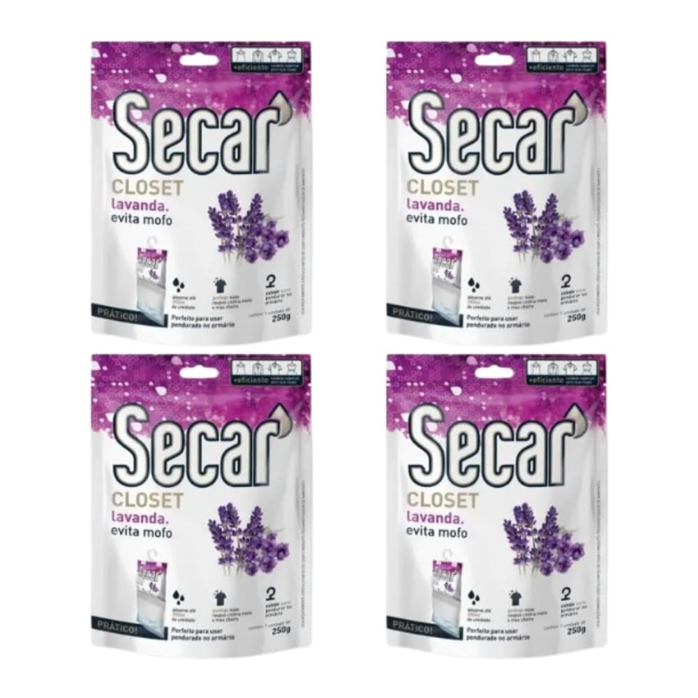 Kit 4 Secar Closet Lavanda 250g - Absorvedor de Umidade e Odores para Guarda-Roupas