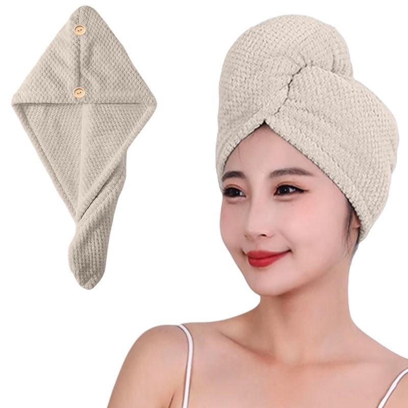 Toalha de Cabelo de Microfibra Super Absorvente com Turbante e Botão - Secagem Rápida para Todos os Estilos