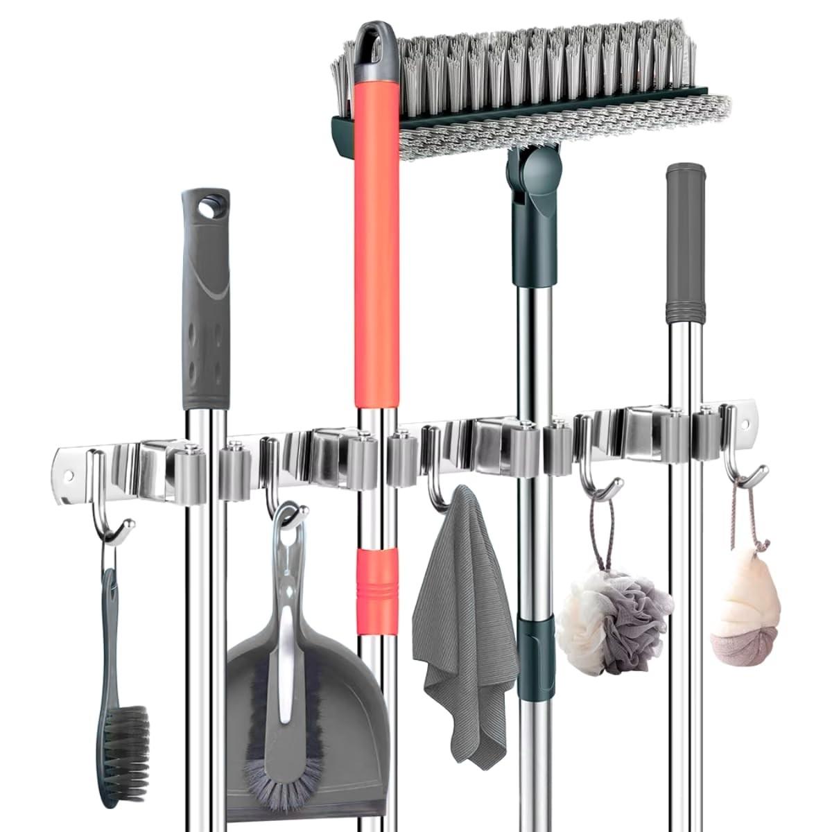 Suporte de Vassoura Aço Inox com 9 Acessórios - Organize sua Casa com Estilo e Segurança