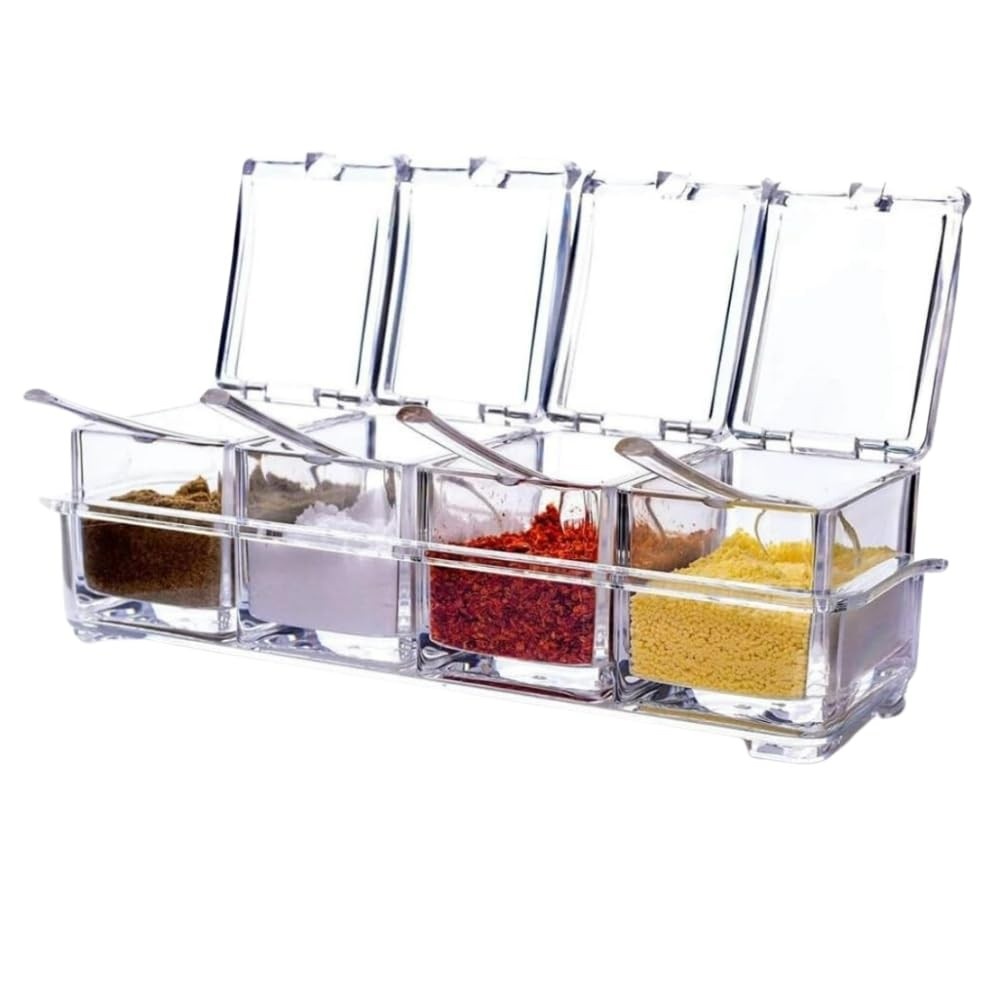 Organizador de Temperos Acrílico Crystal 4 Potes com Tampas e Base Antiderrapante – Porta Condimentos Transparente e Compacto com Colheres