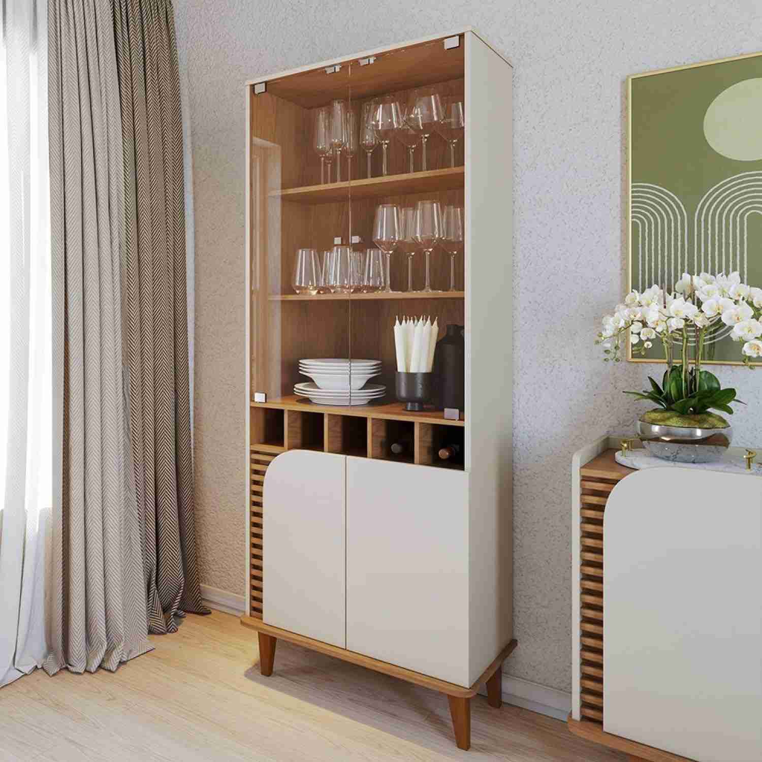 Cristaleira 2 Portas de Vidro Jurerê Off White Matte/Freijó - Design Sofisticado com Adega Embutida