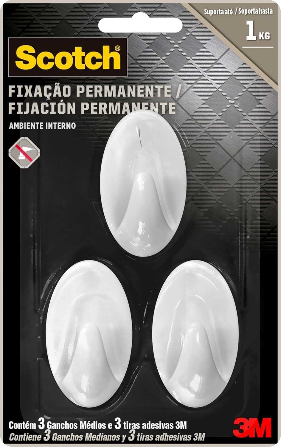 Gancho Adesivo 3M Scotch - Fixação Sem Furos, 3 Unidades, Branco
