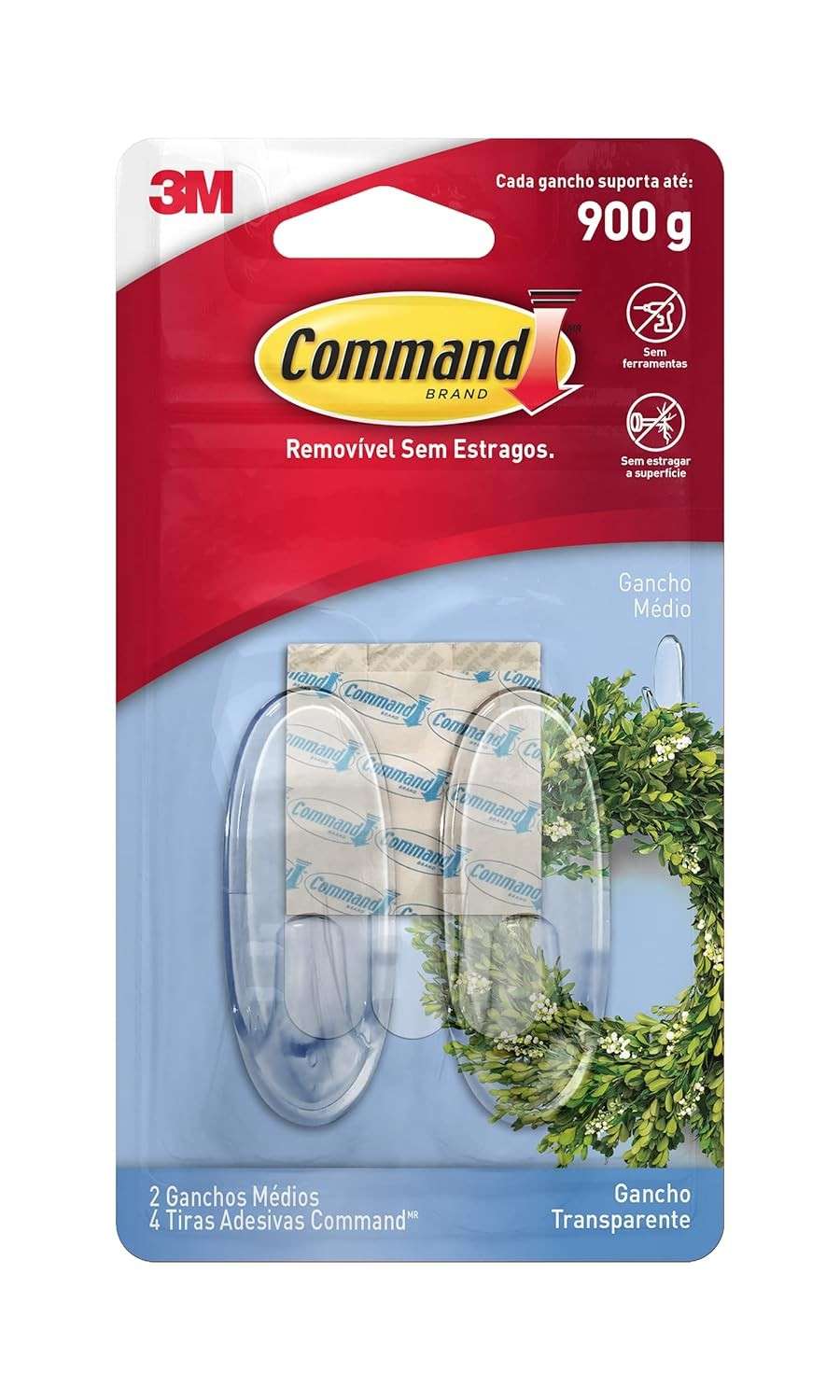 Gancho Adesivo Removível 3M Command Médio - 2 Unidades, 900g, Transparente - Ideal para Decorações de Natal e Guirlandas
