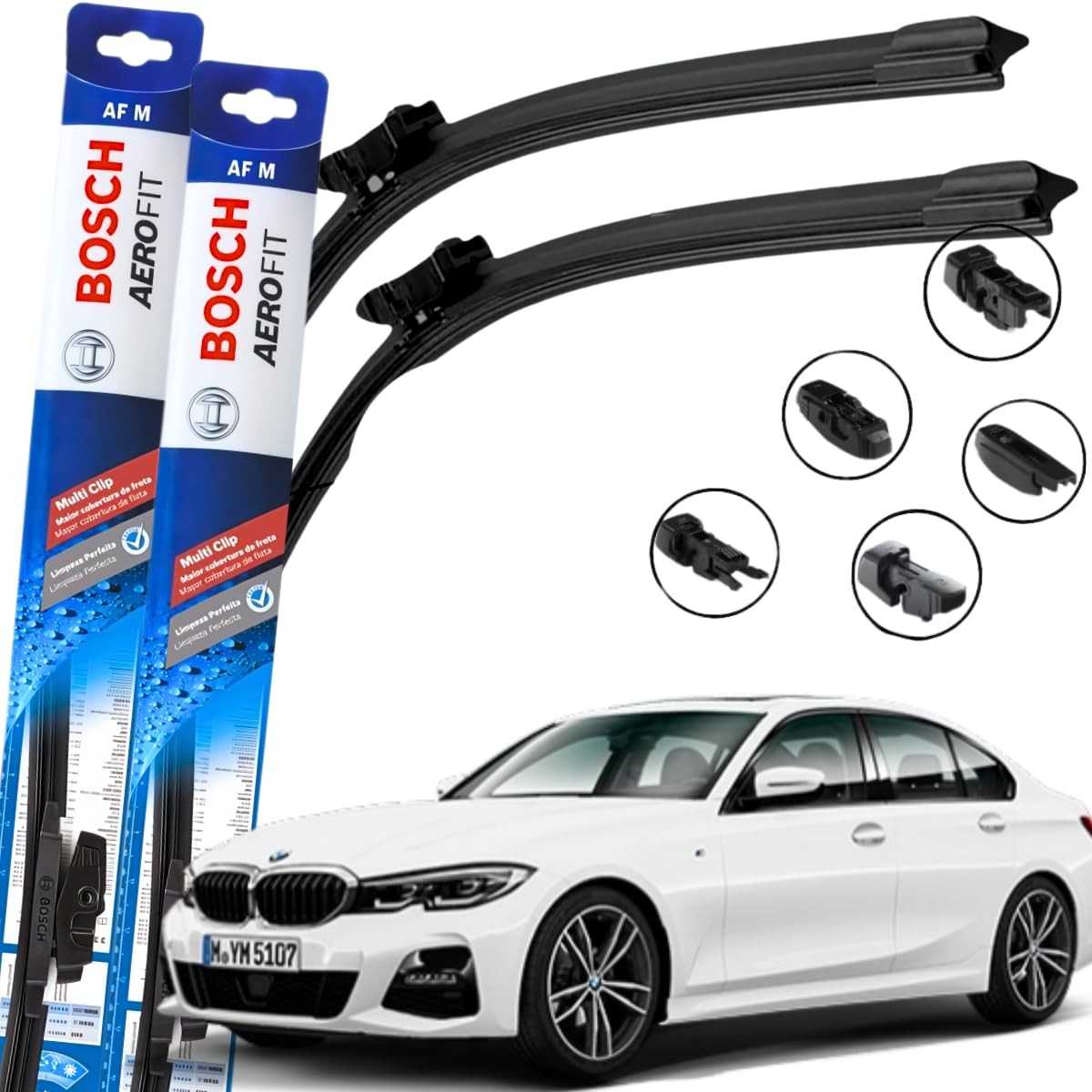 Par de Palhetas Limpador Parabrisa Bosch Aerofit Multiclip BMW 320i (2016-2024)
