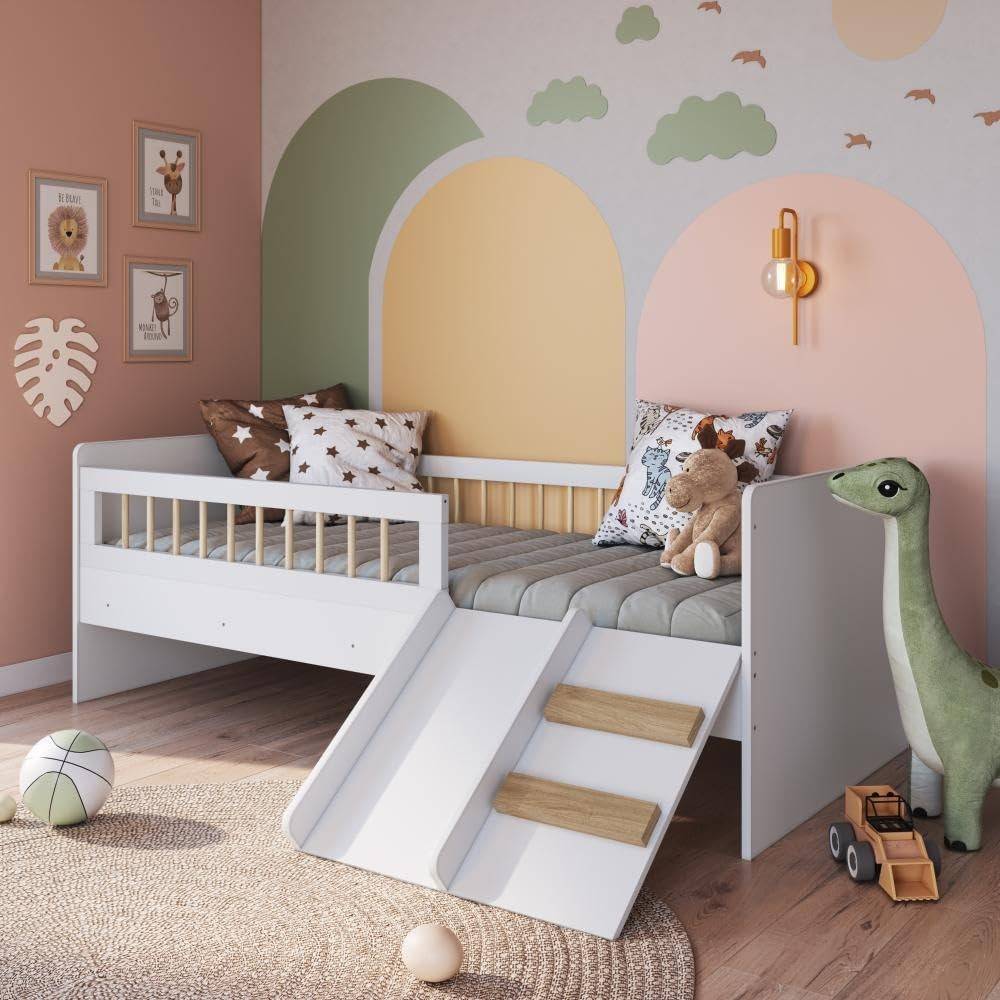 Cama Montessoriana de Solteiro com Escada e Escorrega - Linha Affetto Branca