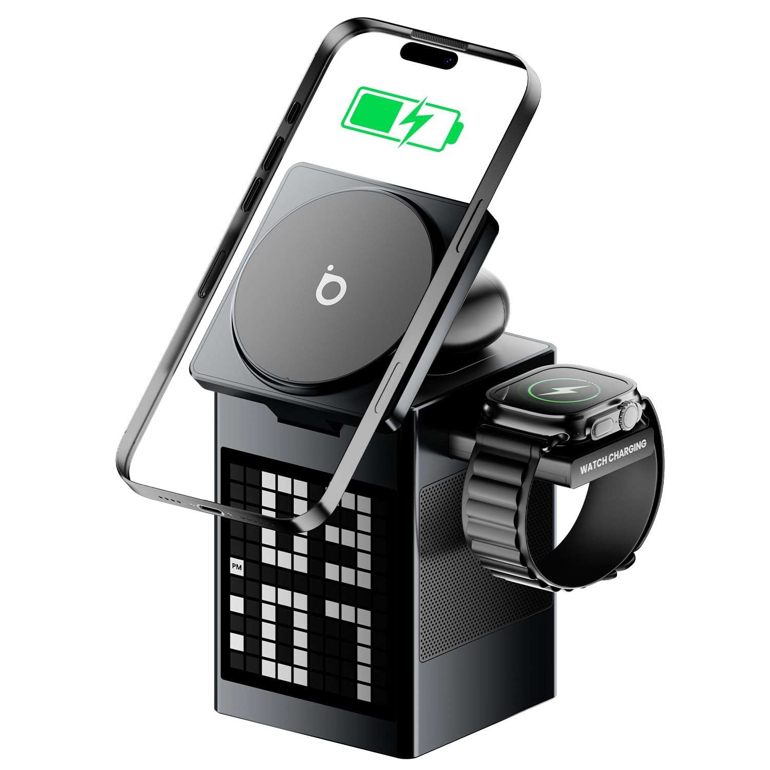 Carregador Magnético 3 em 1 Basike 15W: iPhone, Apple Watch e AirPods com Bluetooth e Despertador