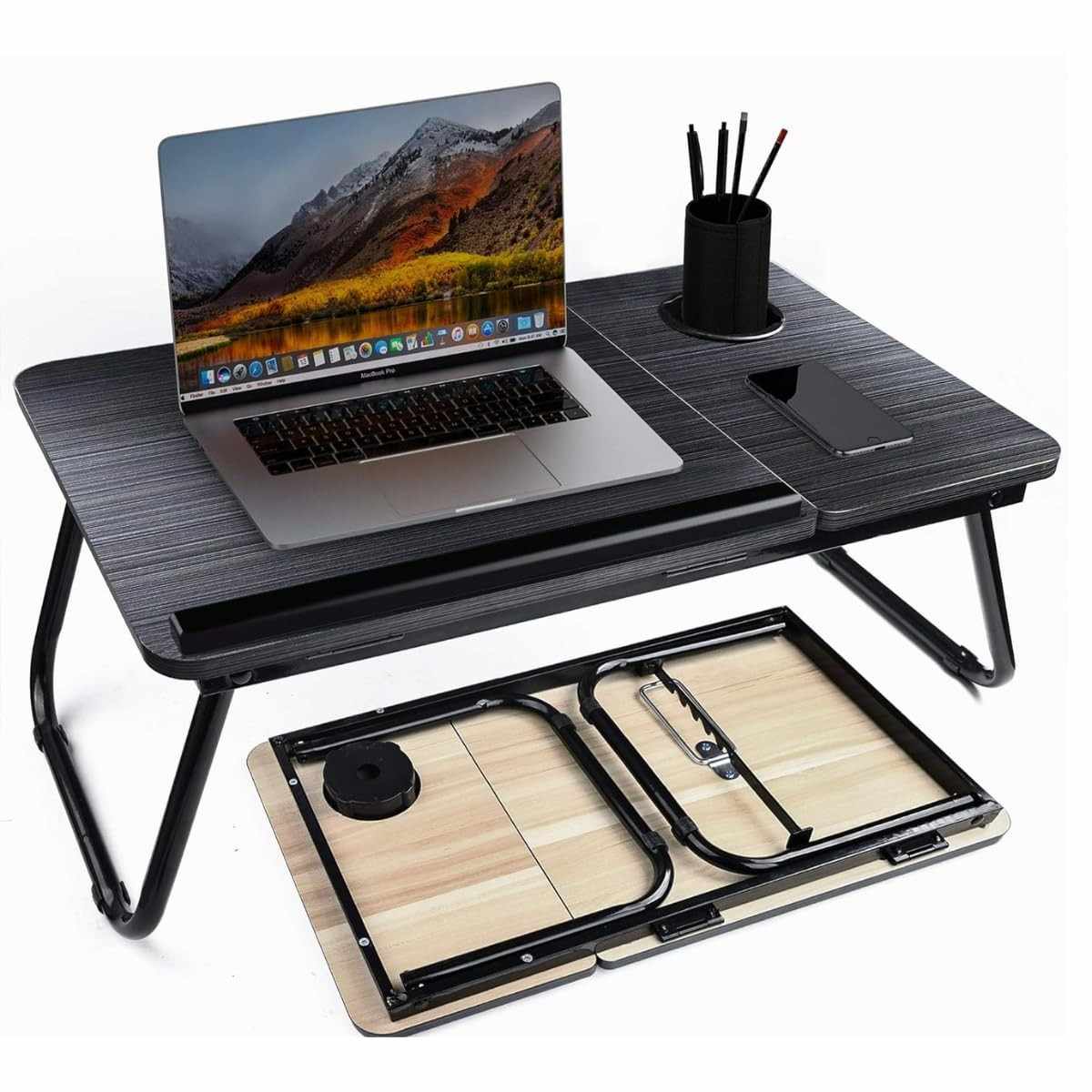 Mesa Suporte Notebook Portátil Ajustável com Base Metálica e Porta-Copos