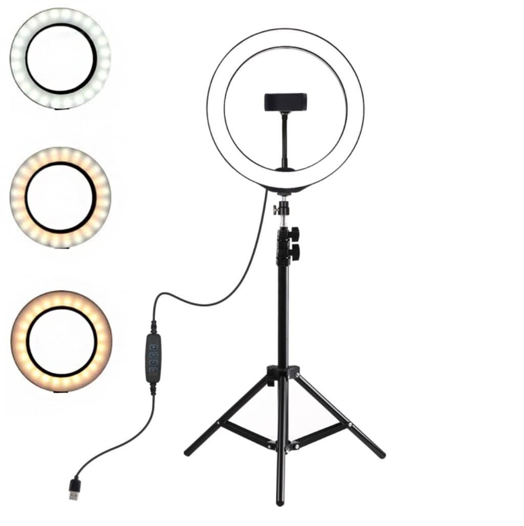Kit Completo Anel de Luz LED 26cm com Tripé Ajustável e Suporte para Celular