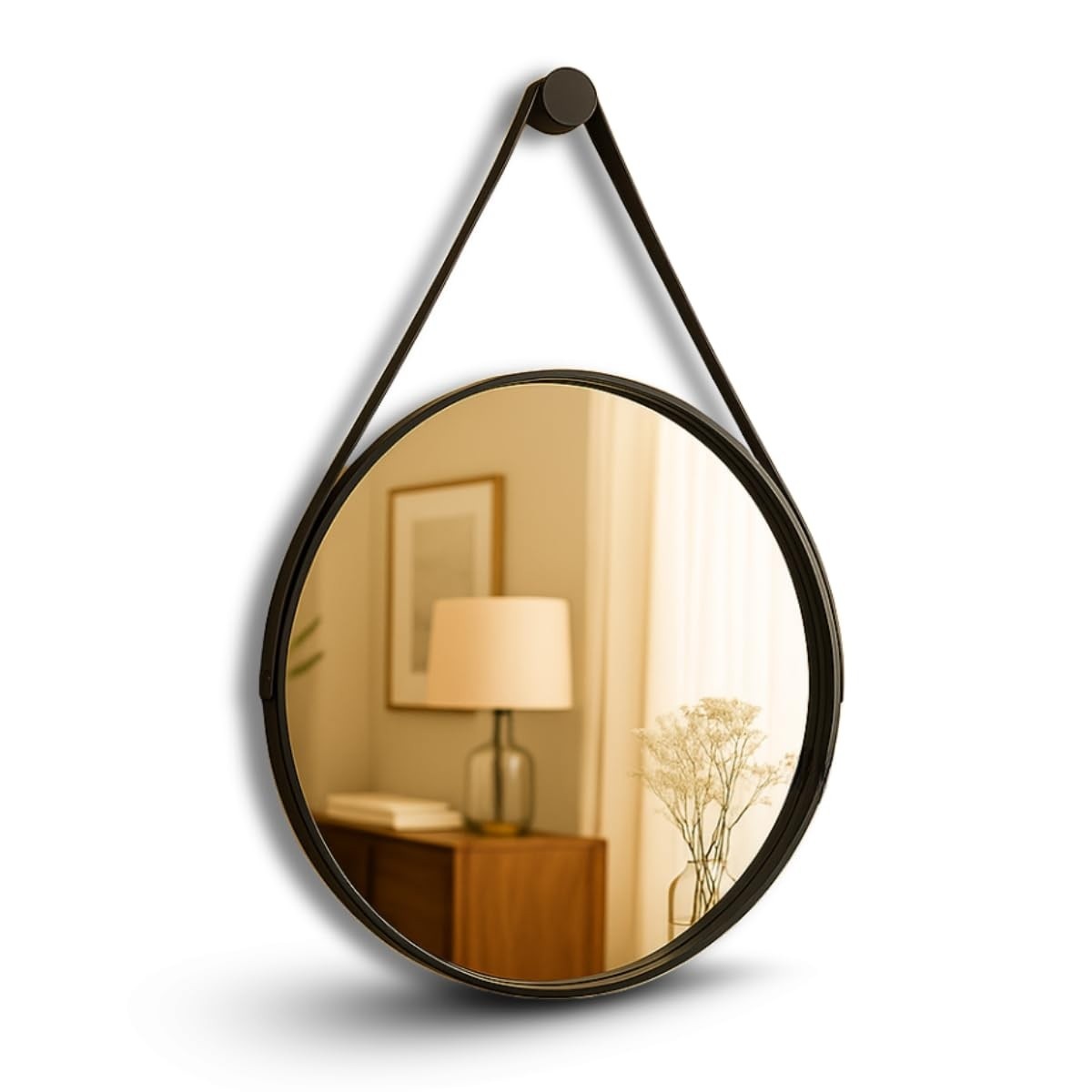 Espelho Decorativo Redondo 60cm com Alça em Couro Ecológico – Design Jacques Adnet para Banheiro, Quarto e Sala