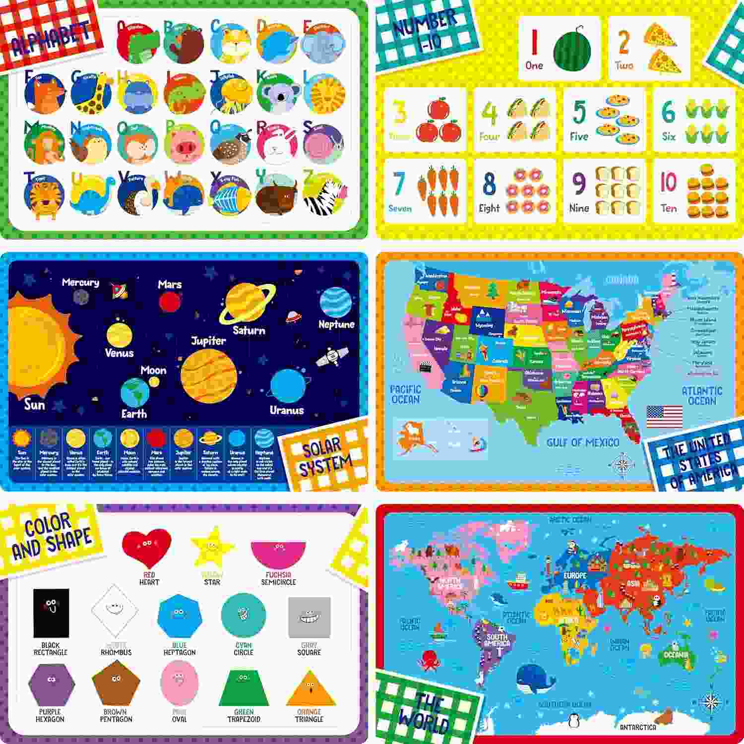 Pacote com 6 Jogos Americanos Educativos para Crianças - Alfabeto, Números, Mapas e Mais