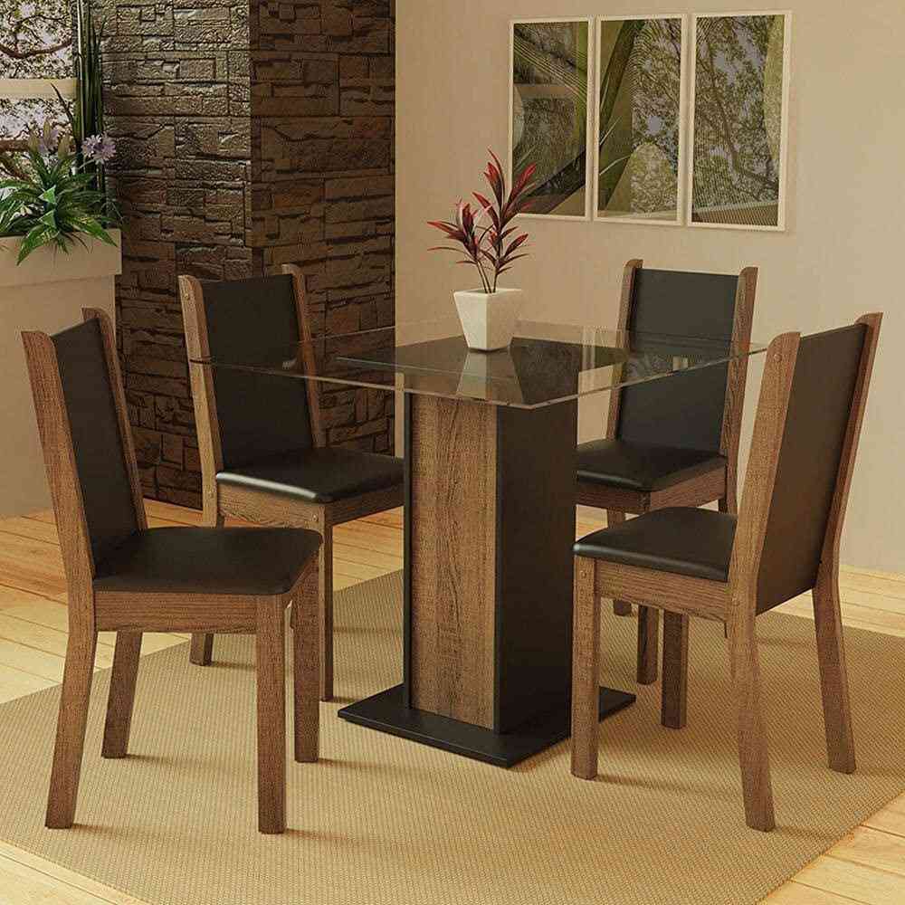 Conjunto de Jantar Aline Madesa - Mesa com Tampo de Vidro e 4 Cadeiras Rustic/Preto
