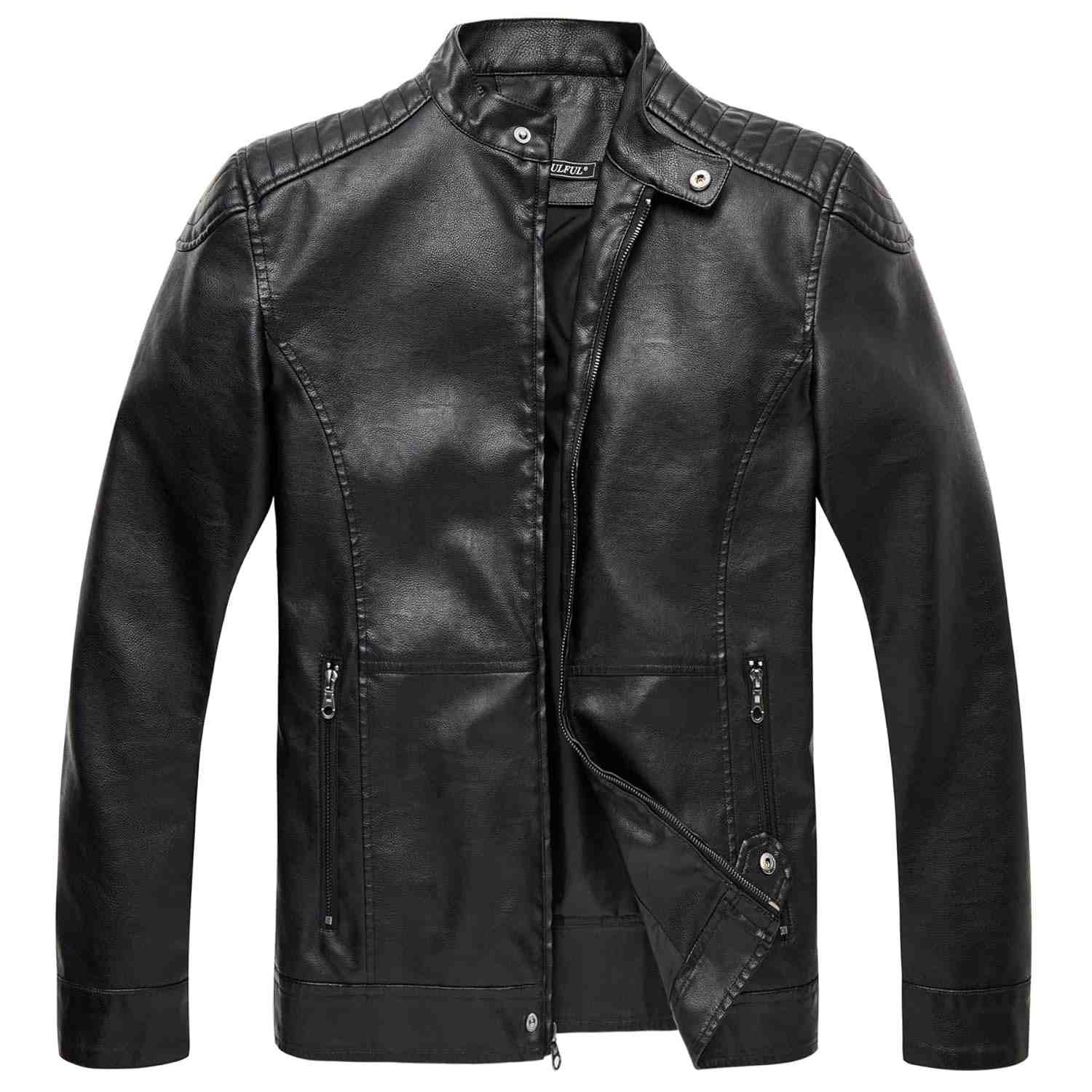 WULFUL Jaqueta masculina de couro com gola alta para motocicleta, leve, de couro sintético