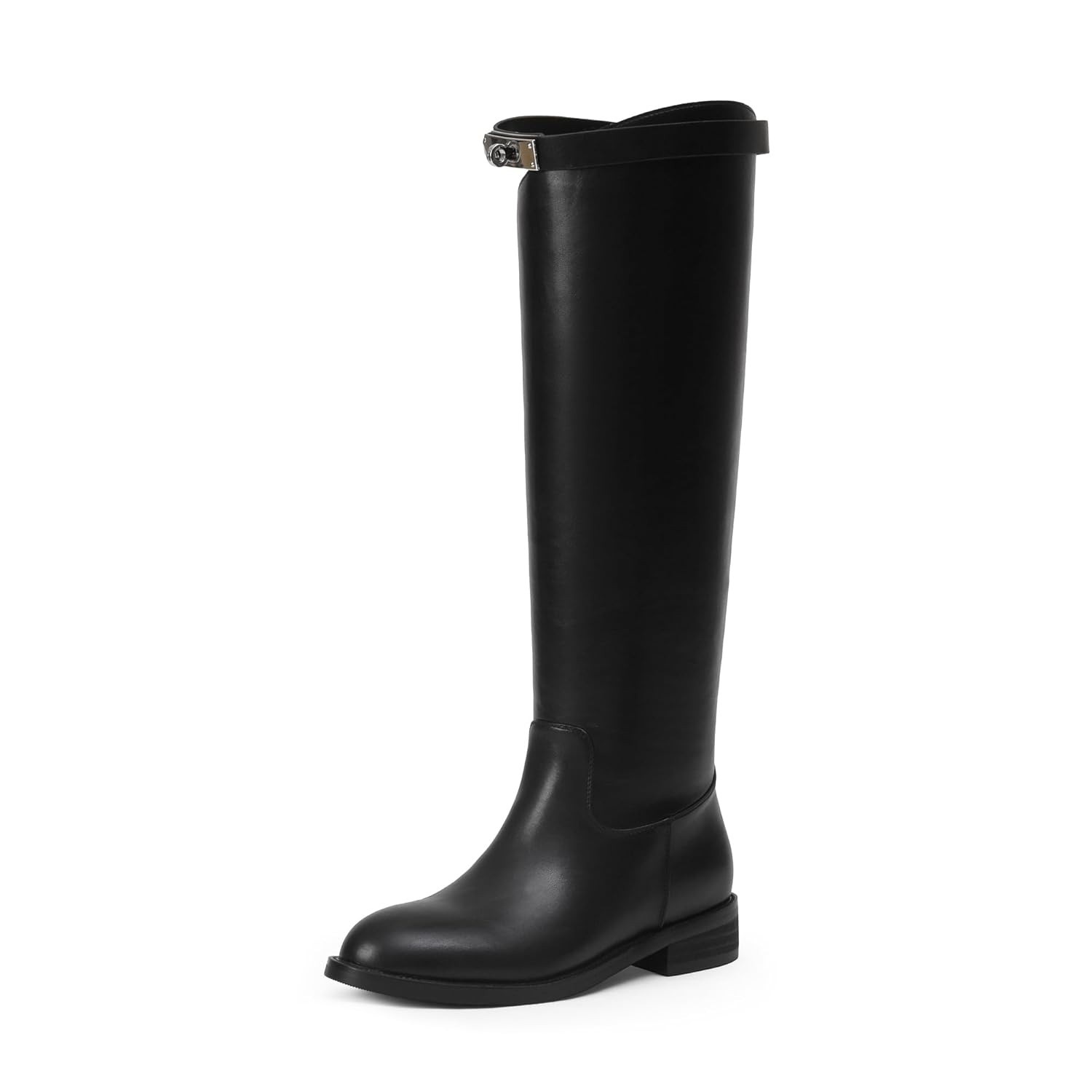 iiimmu Botas de equitação femininas com fivela prateada, cano alto, bico redondo, couro sintético, estilo motociclista