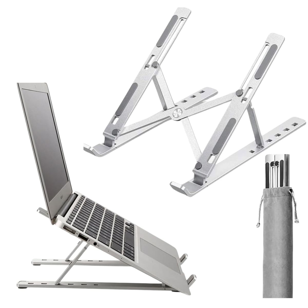 Suporte Ergonômico Premium para Notebook e Tablet em Alumínio Dobrável | Ajustável 6 Ângulos | Portátil c/ Estojo